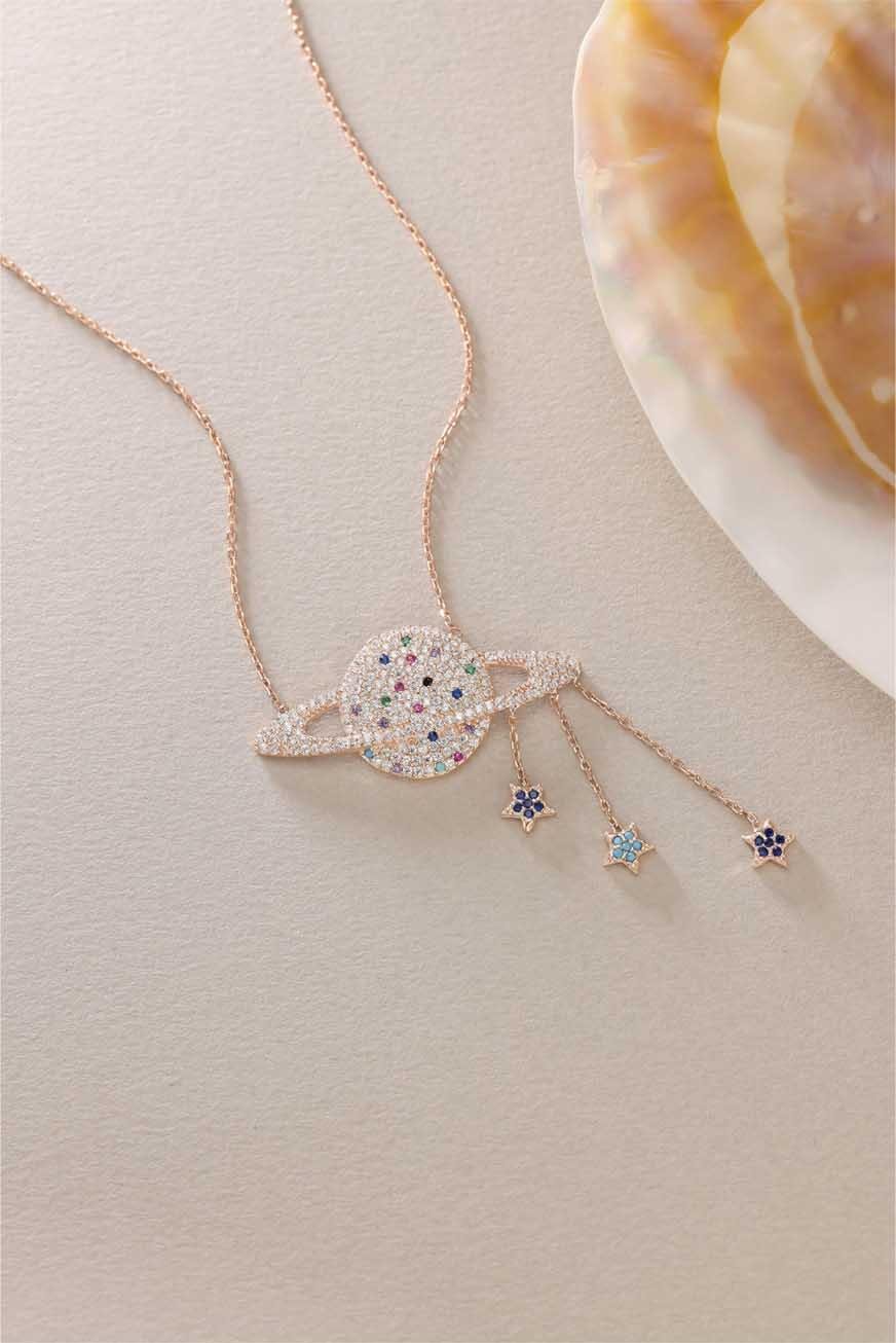 925 Ayar Gümüş Rose Kaplama Sallantı Yıldızlı Gezegen Kolye