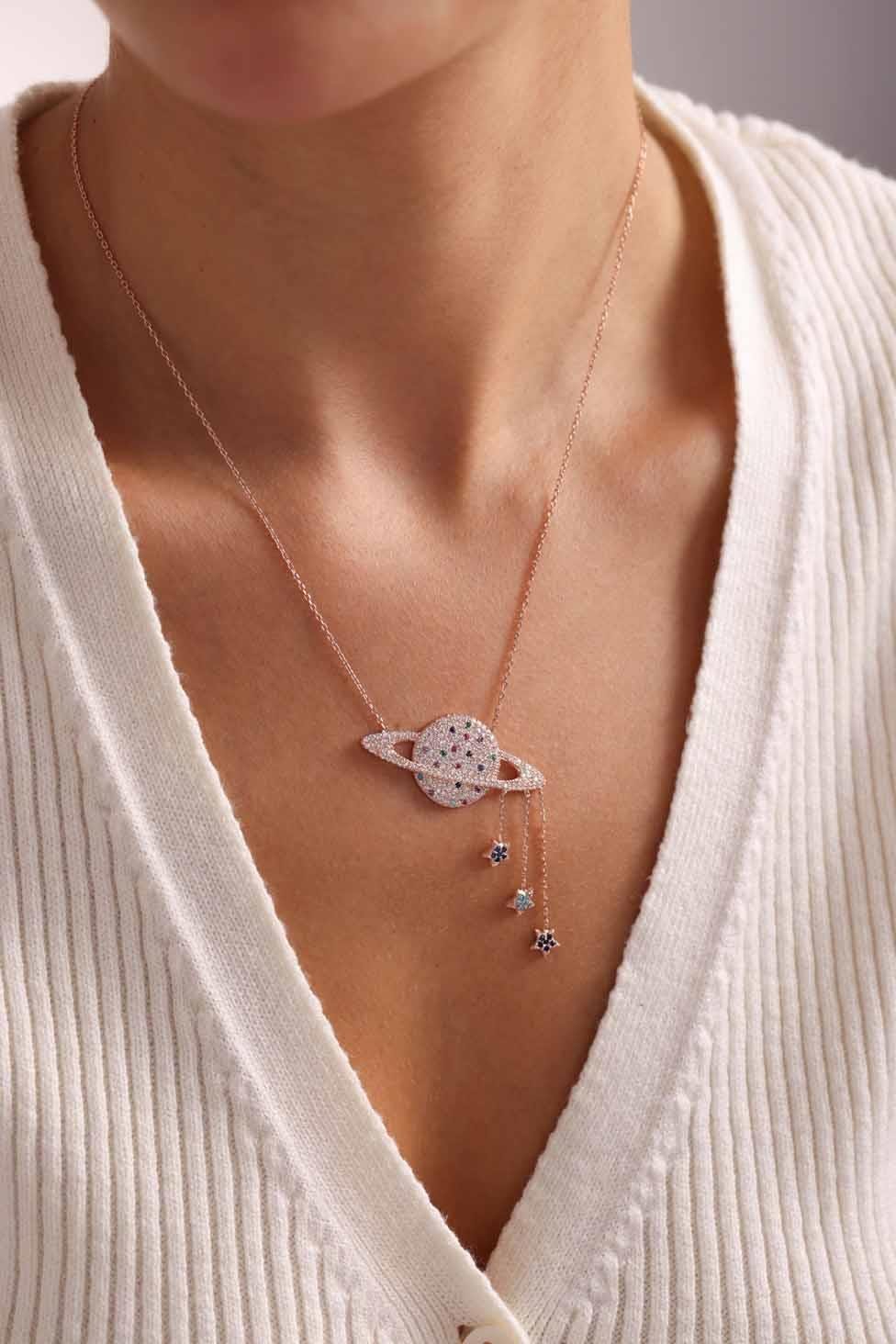 925 Ayar Gümüş Rose Kaplama Sallantı Yıldızlı Gezegen Kolye