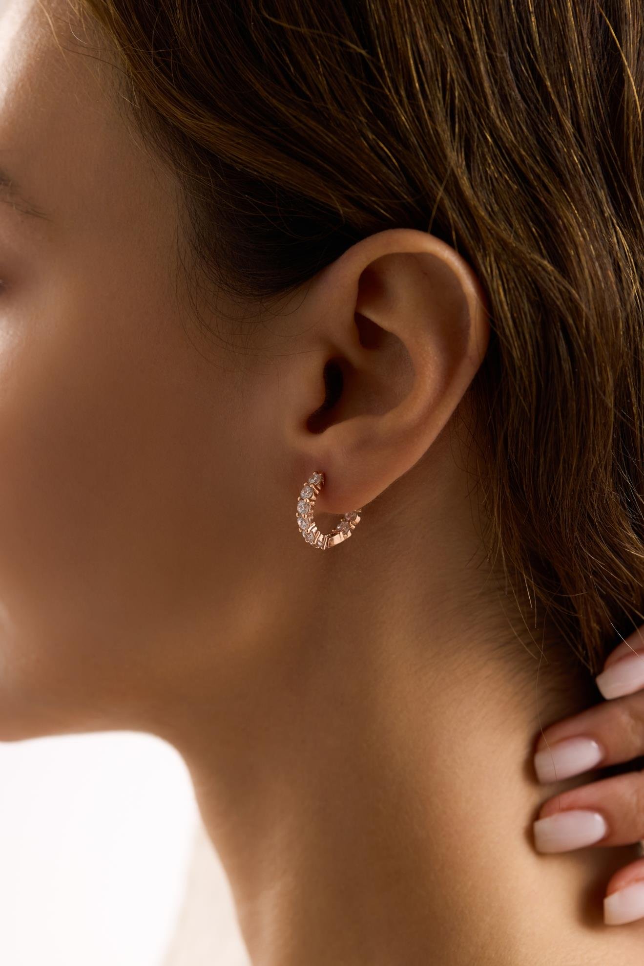 925 Ayar Gümüş Rose Kaplama Zirkon Taş Yarım Tur Halka Küpe