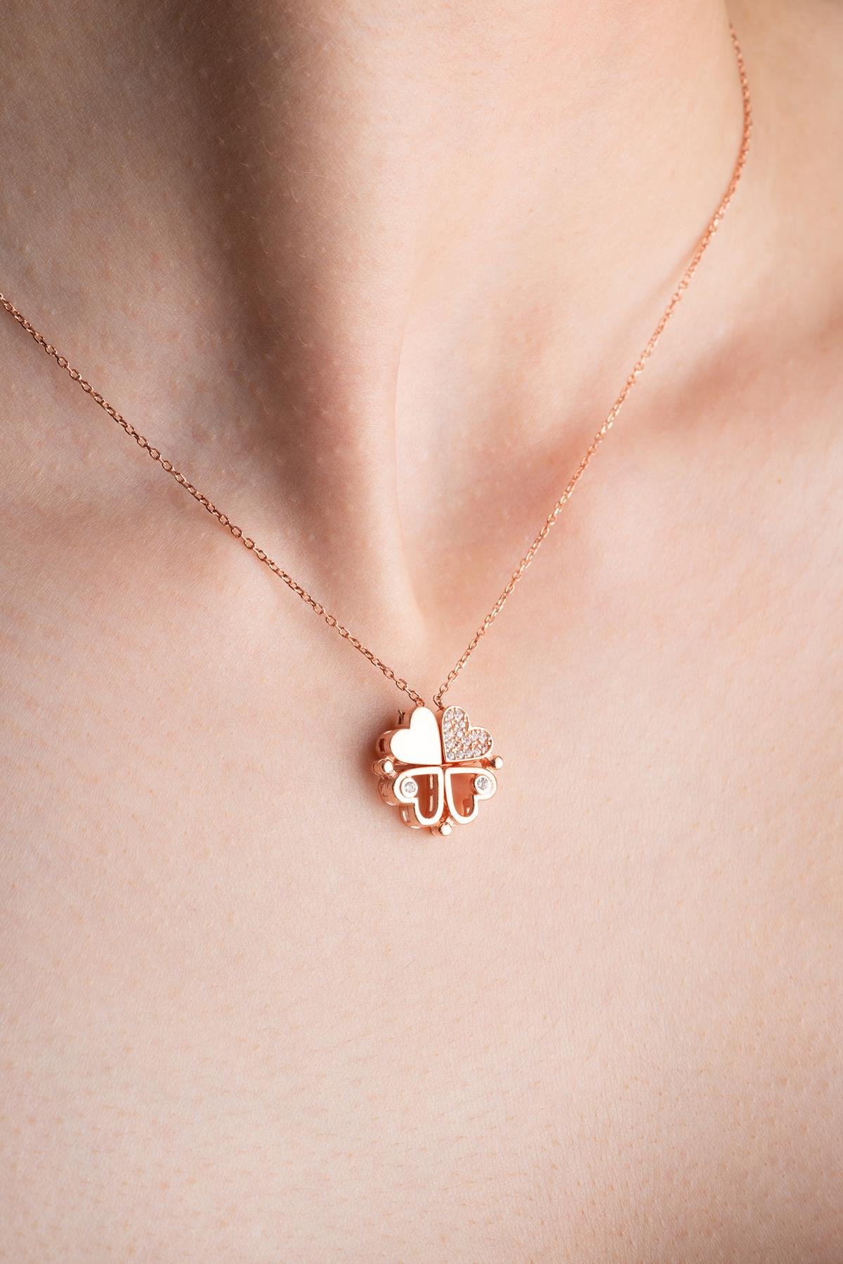 925 Ayar Gümüş Rose Mıknatıslı Ayrılabilir 4 Kalpli Yonca Kolye