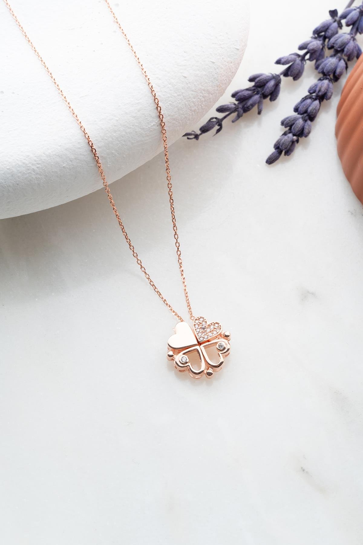 925 Ayar Gümüş Rose Mıknatıslı Ayrılabilir 4 Kalpli Yonca Kolye