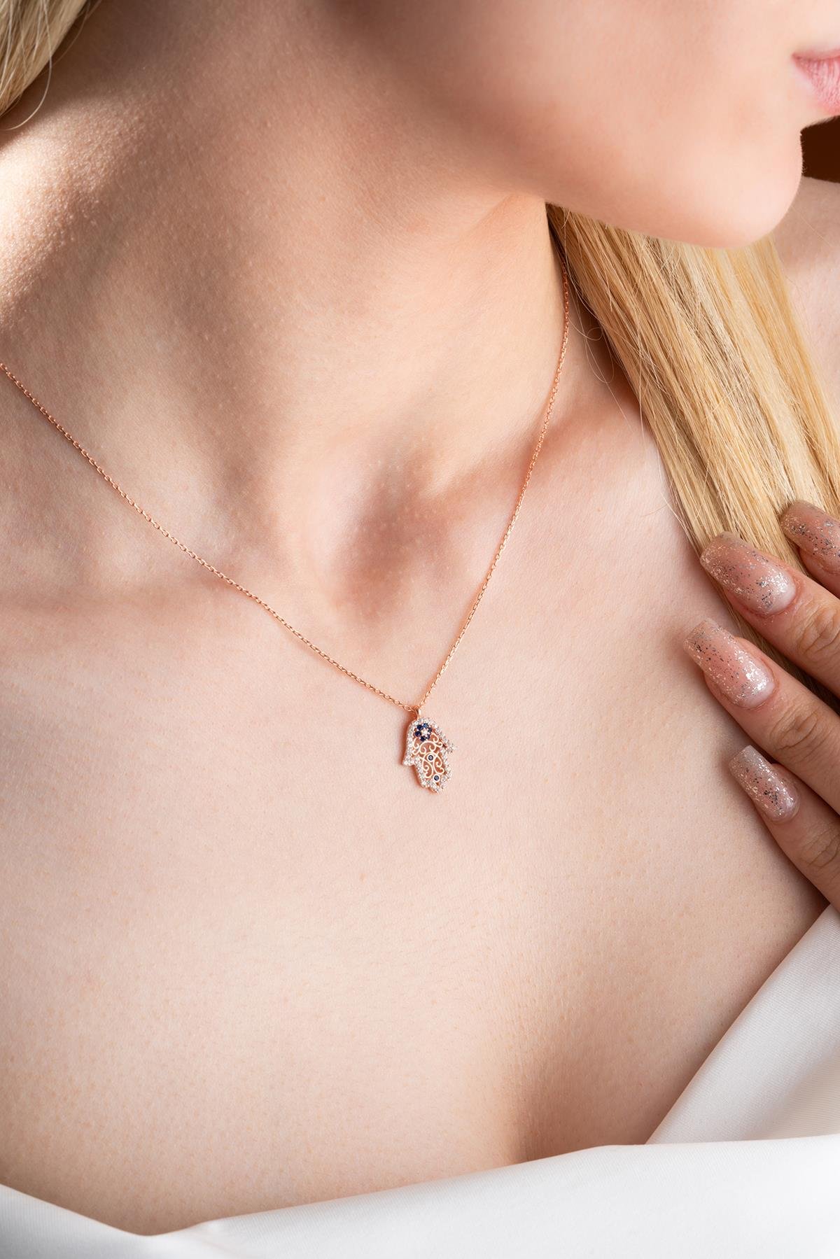 925 Ayar Gümüş Rose Minimal Fatma Ana Eli Kolye