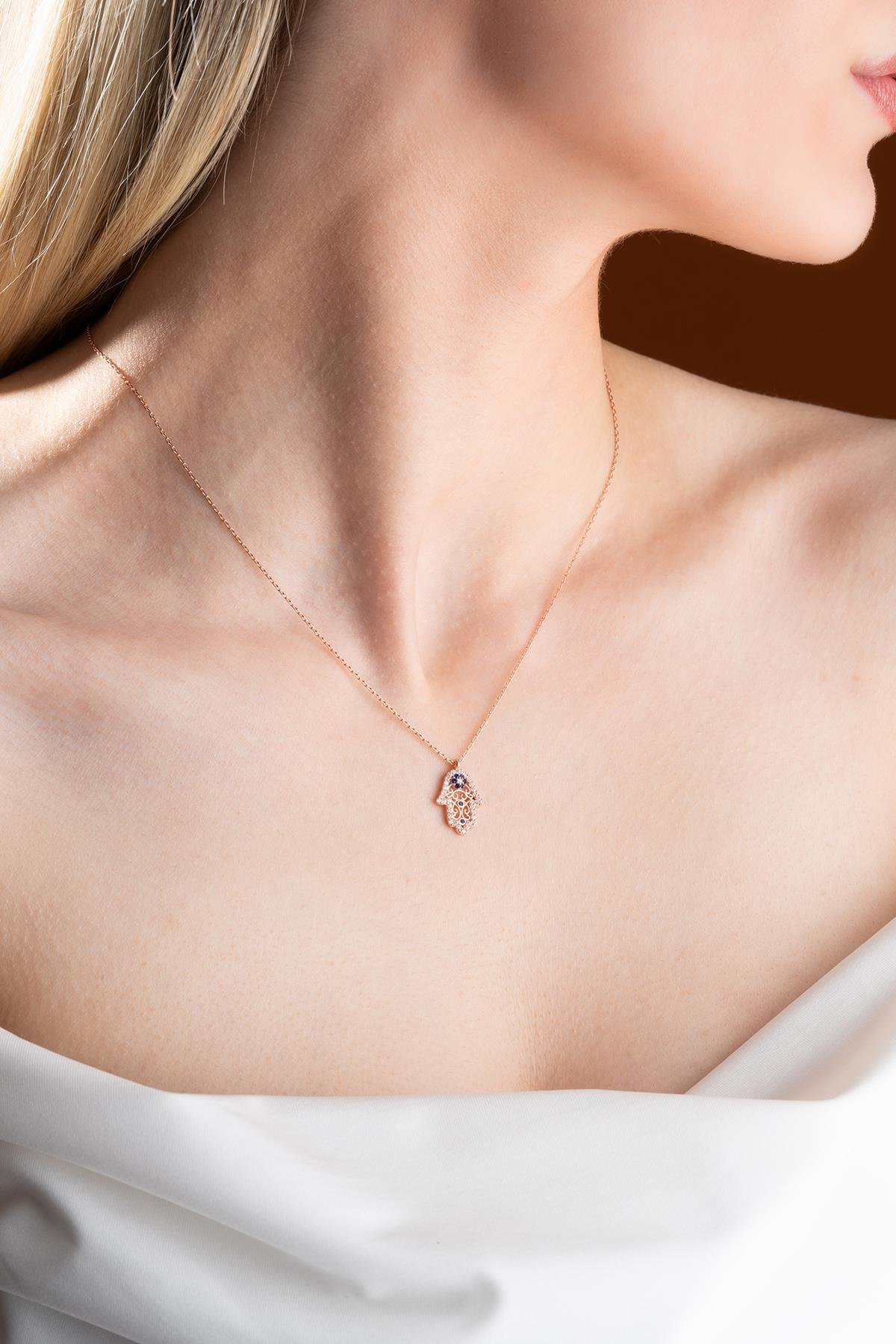 925 Ayar Gümüş Rose Minimal Fatma Ana Eli Kolye