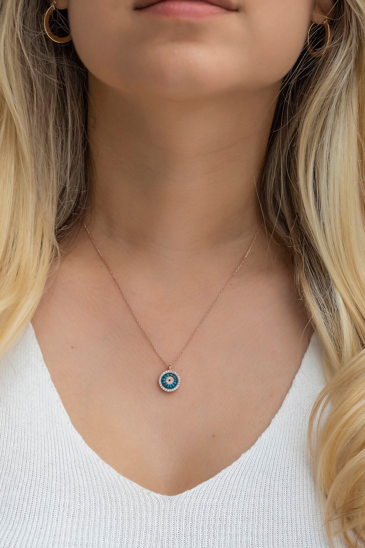 925 Ayar Gümüş Rose Nazar Cam Göz Kolye