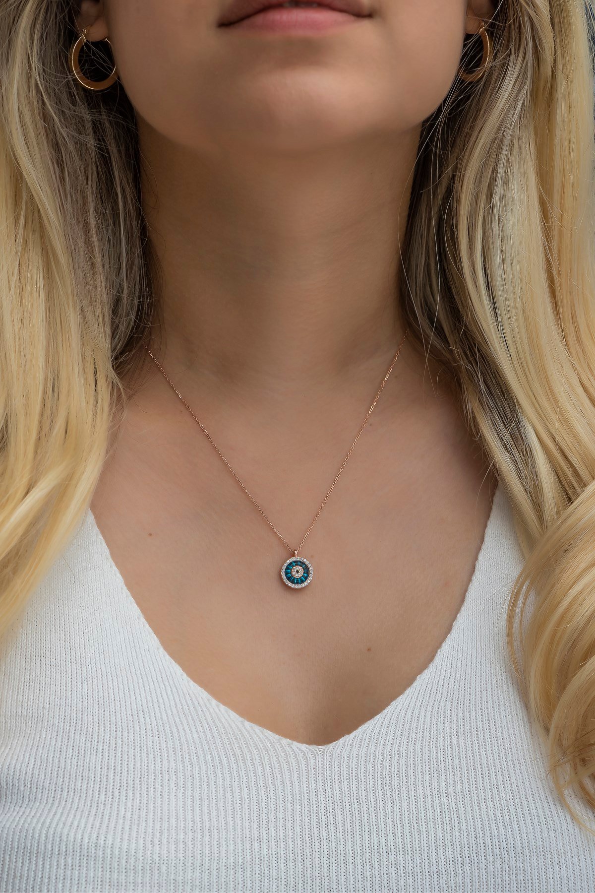 925 Ayar Gümüş Rose Nazar Cam Göz Kolye