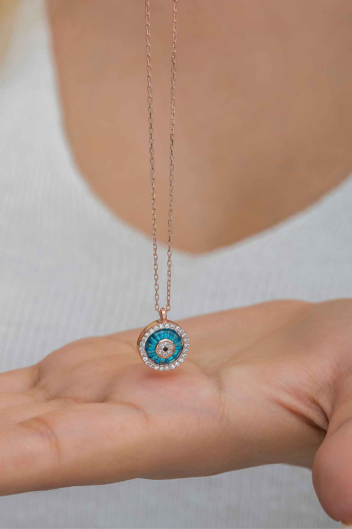 925 Ayar Gümüş Rose Nazar Cam Göz Kolye