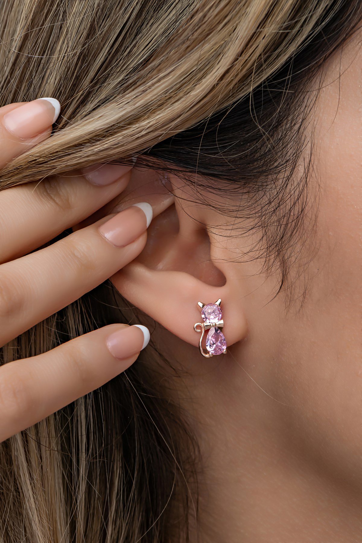 925 Ayar Gümüş Rose Pembe Taşlı Kedi Küpe