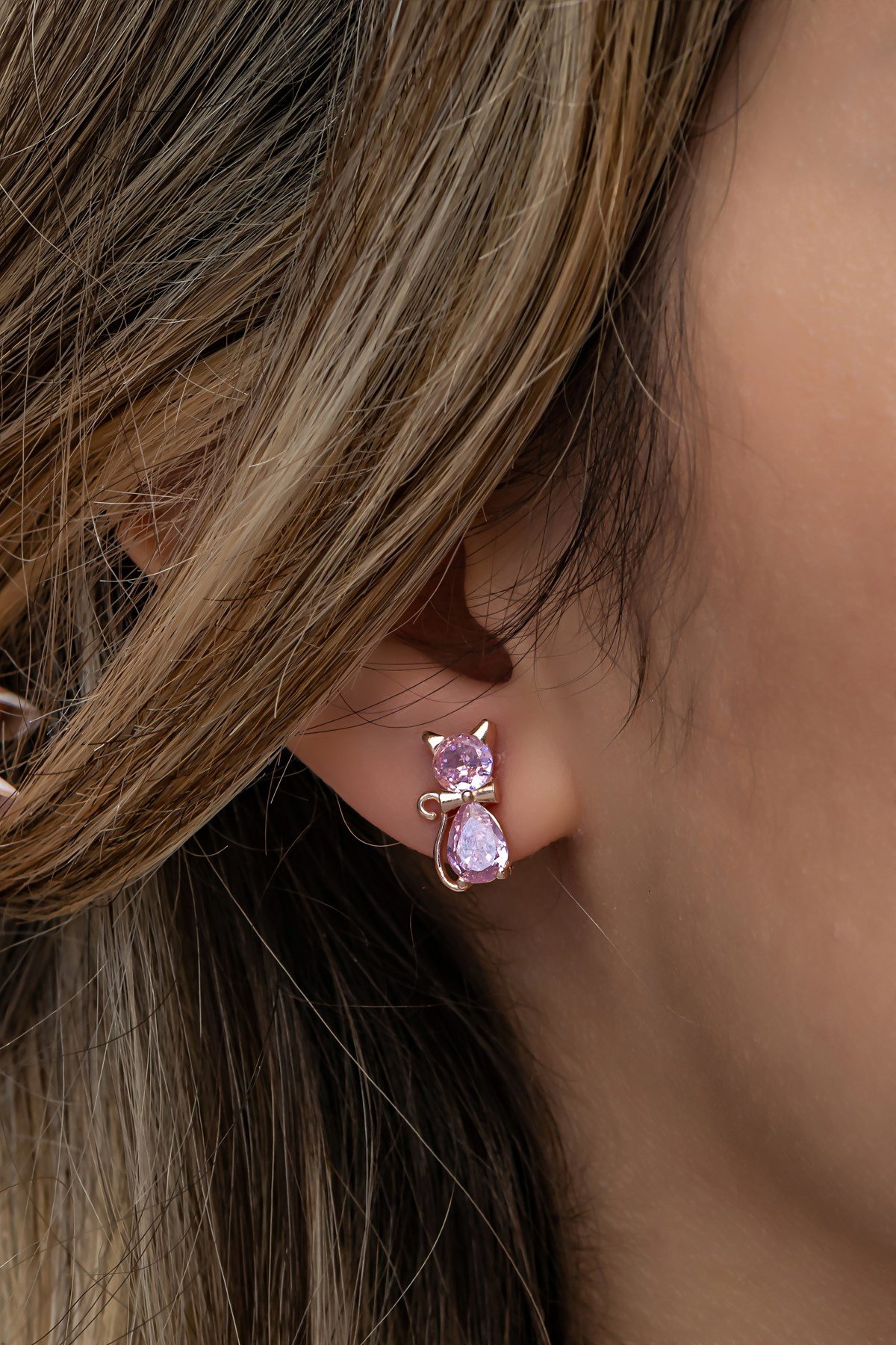 925 Ayar Gümüş Rose Pembe Taşlı Kedi Küpe