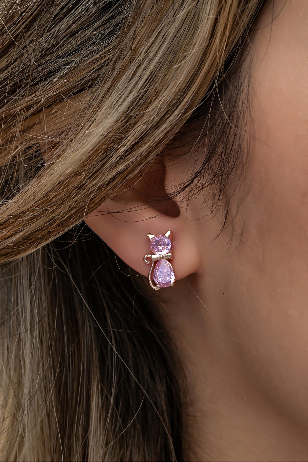 925 Ayar Gümüş Rose Pembe Taşlı Kedi Küpe