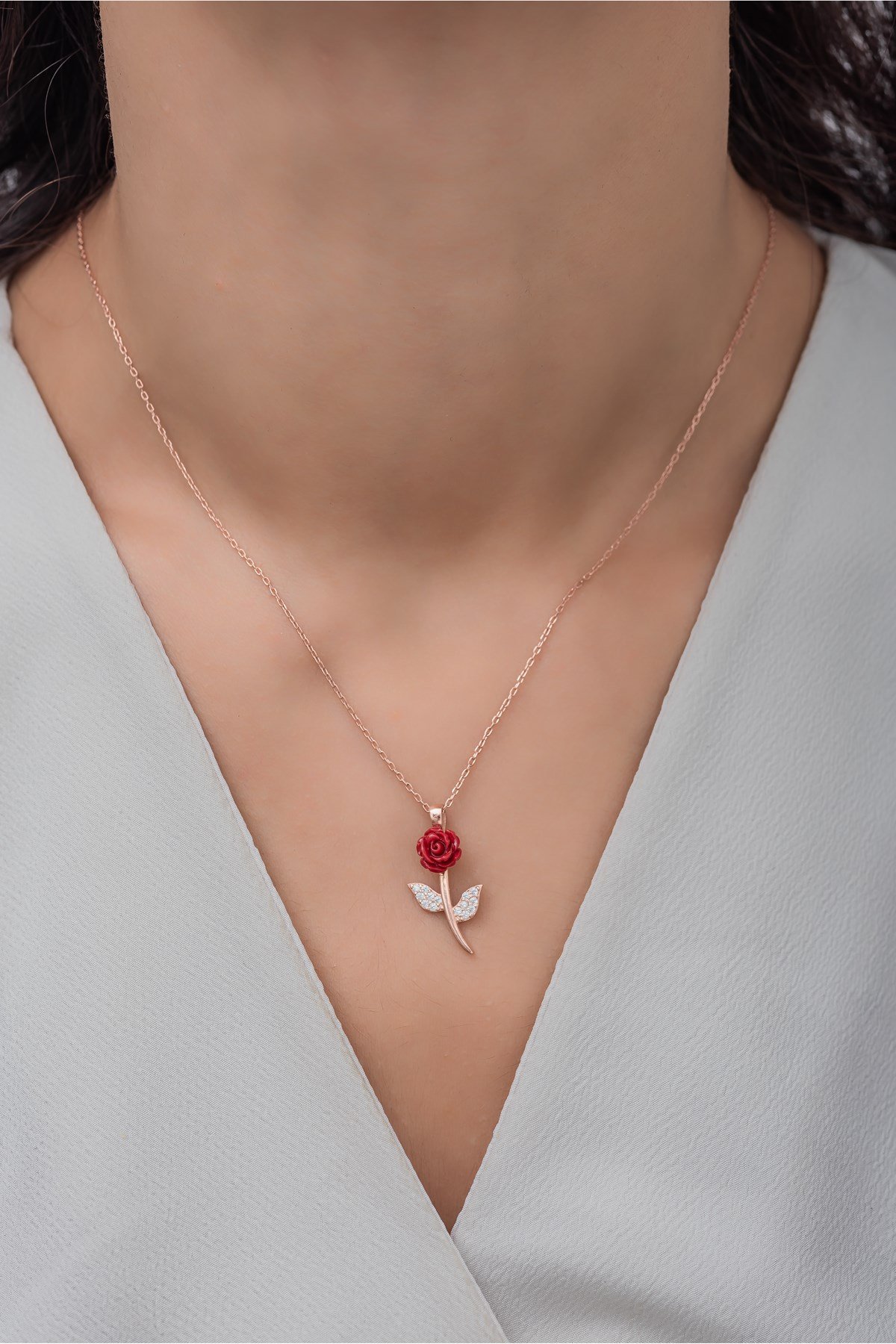 925 Ayar Gümüş Rose Zirkon Taşlı Gül Kolye