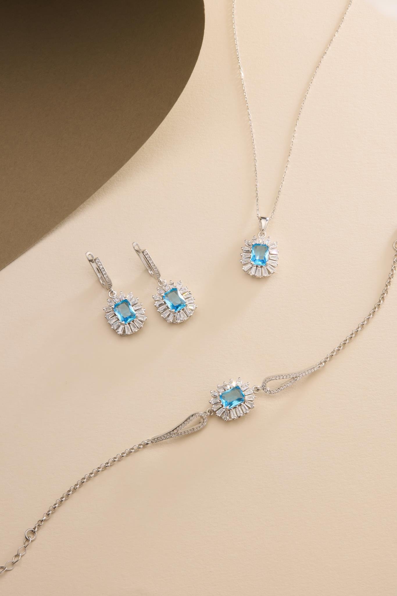925 Ayar Gümüş Set Rodyum Kaplama Baget Aquamarin Taşlı Kolye,Bileklik ve Küpe
