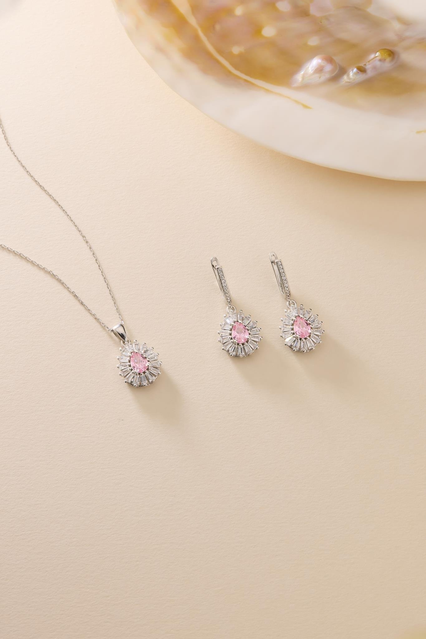 925 Ayar Gümüş Set Rodyum Kaplama Damla Pembe Taşlı Kolye ve Küpe