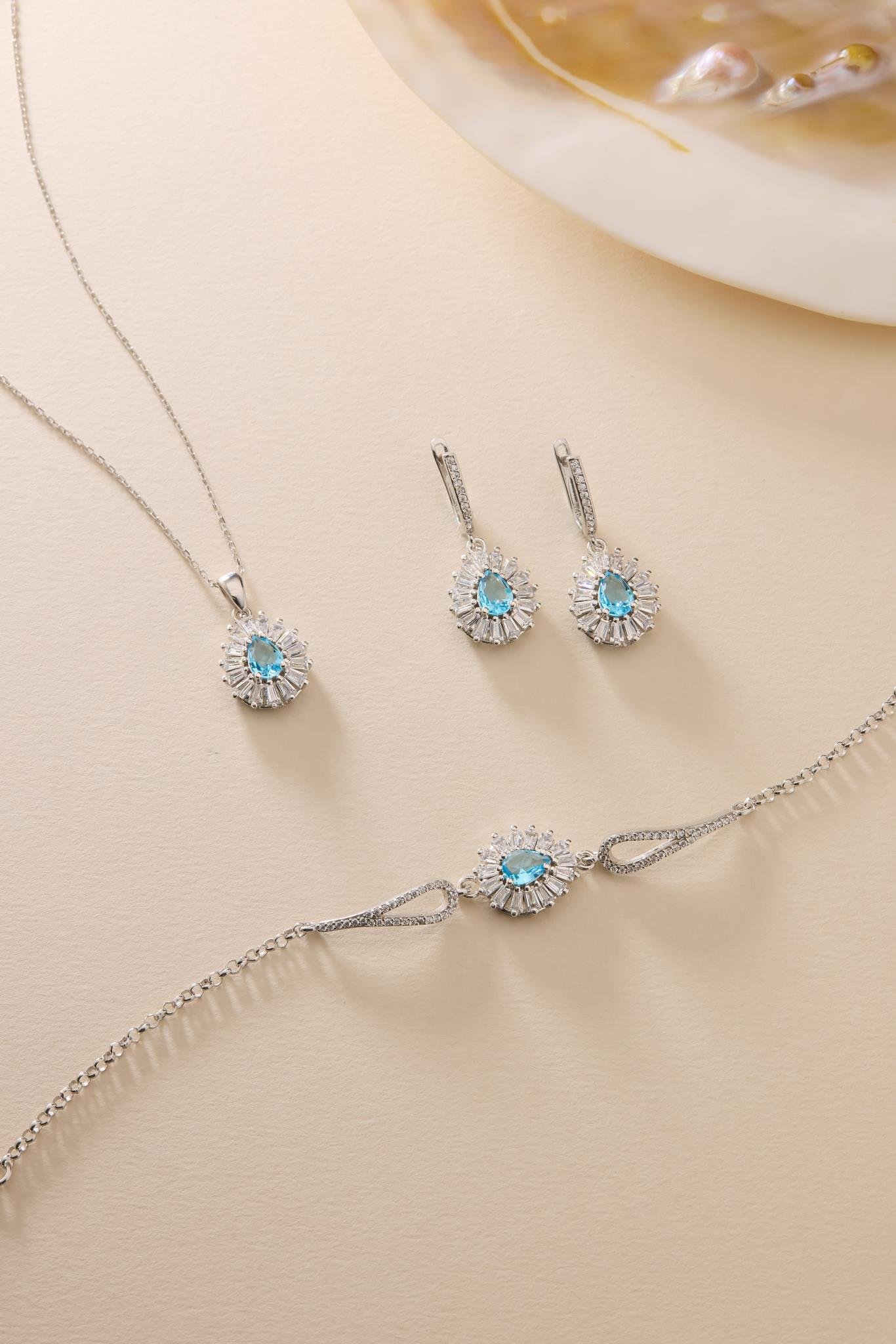 925 Ayar Gümüş Set Rodyum Kaplama Damla Aquamarin Taşlı Kolye,Bileklik ve Küpe
