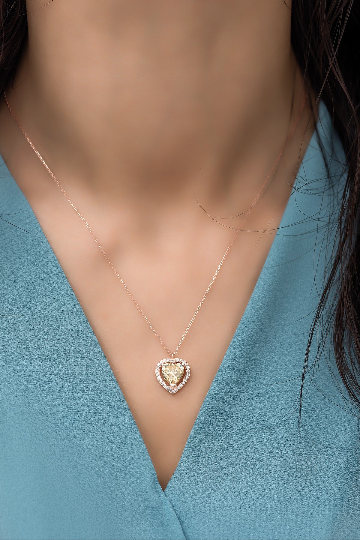 925 Ayar Gümüş Sitrin Taşlı Kalp Model Kolye