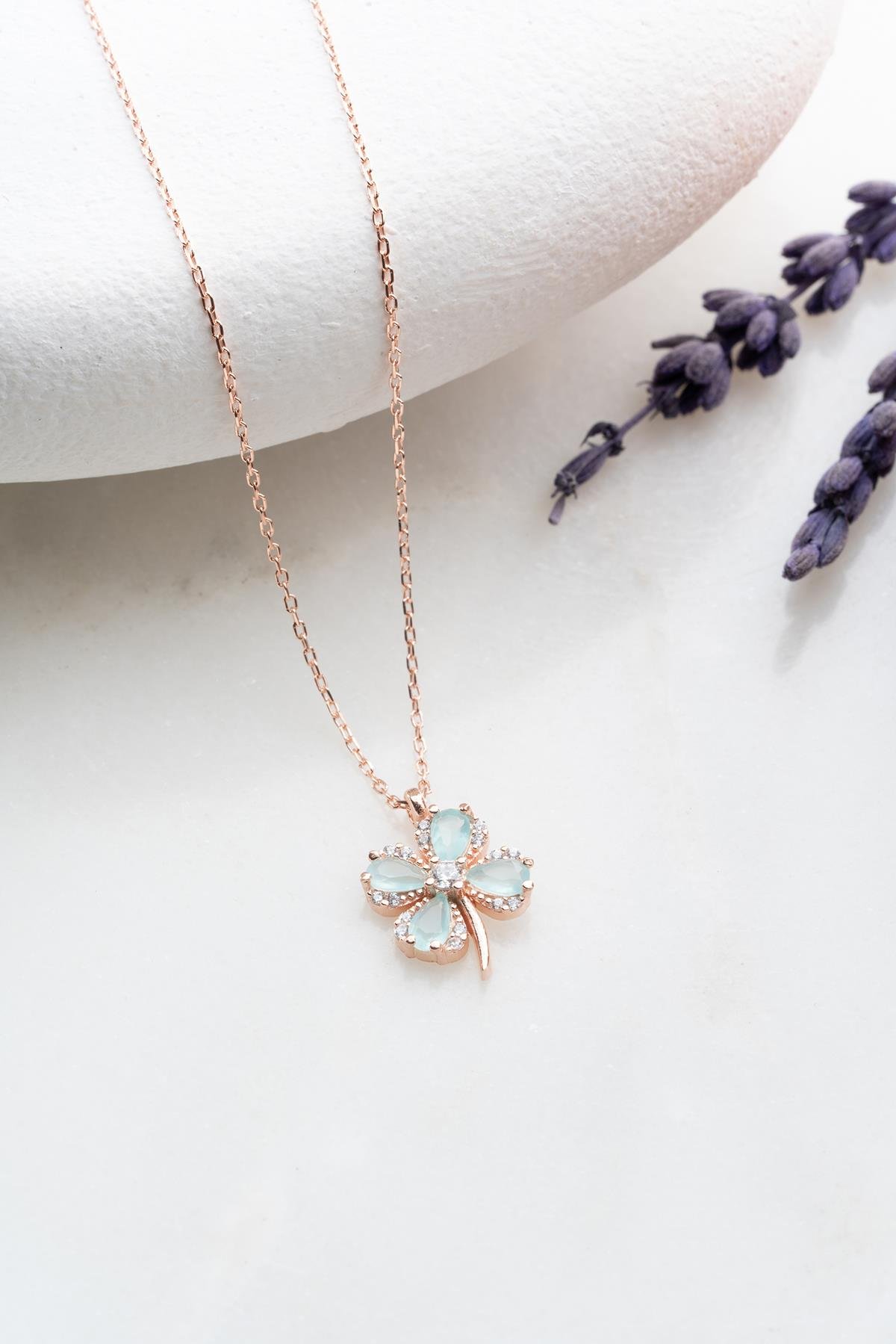 925 Ayar Gümüş Su Mavisi Renkli Taşlı Dört Yaprak Şans Yonca Kolye