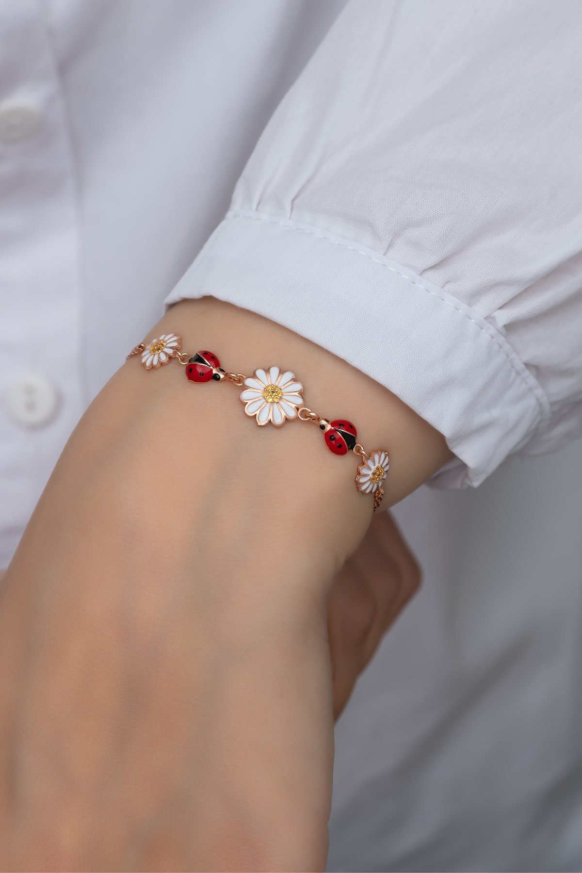 925 Ayar Gümüş Uğur Böceği 3'Lü Papatya  Bileklik