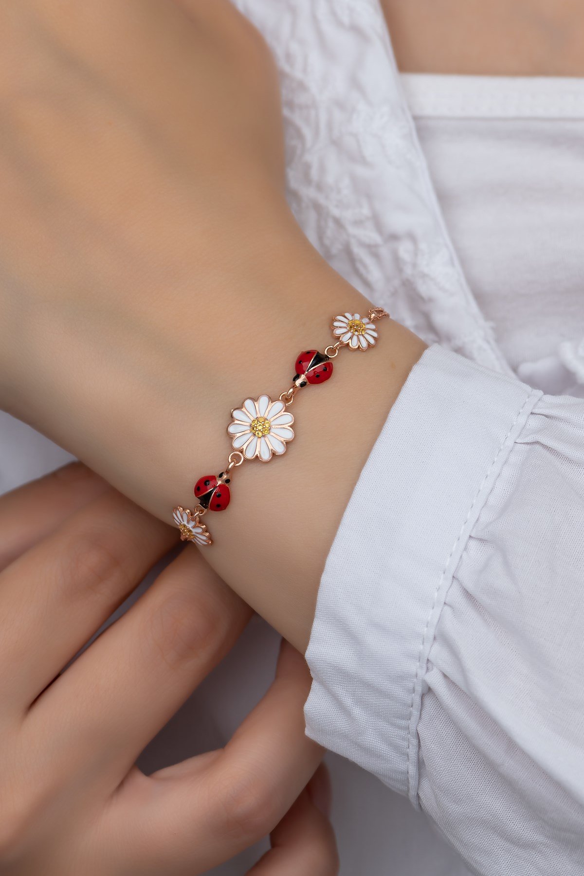 925 Ayar Gümüş Uğur Böceği 3'Lü Papatya  Bileklik