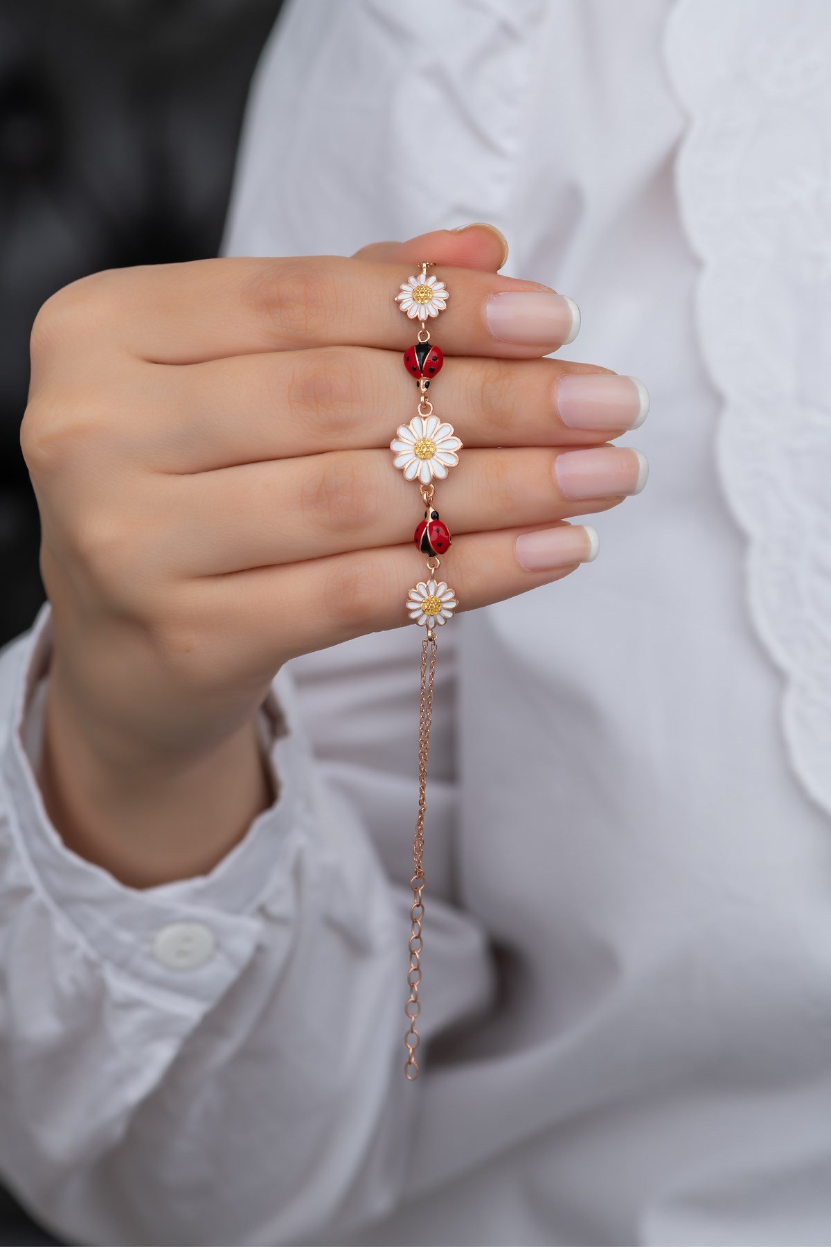 925 Ayar Gümüş Uğur Böceği 3'Lü Papatya  Bileklik