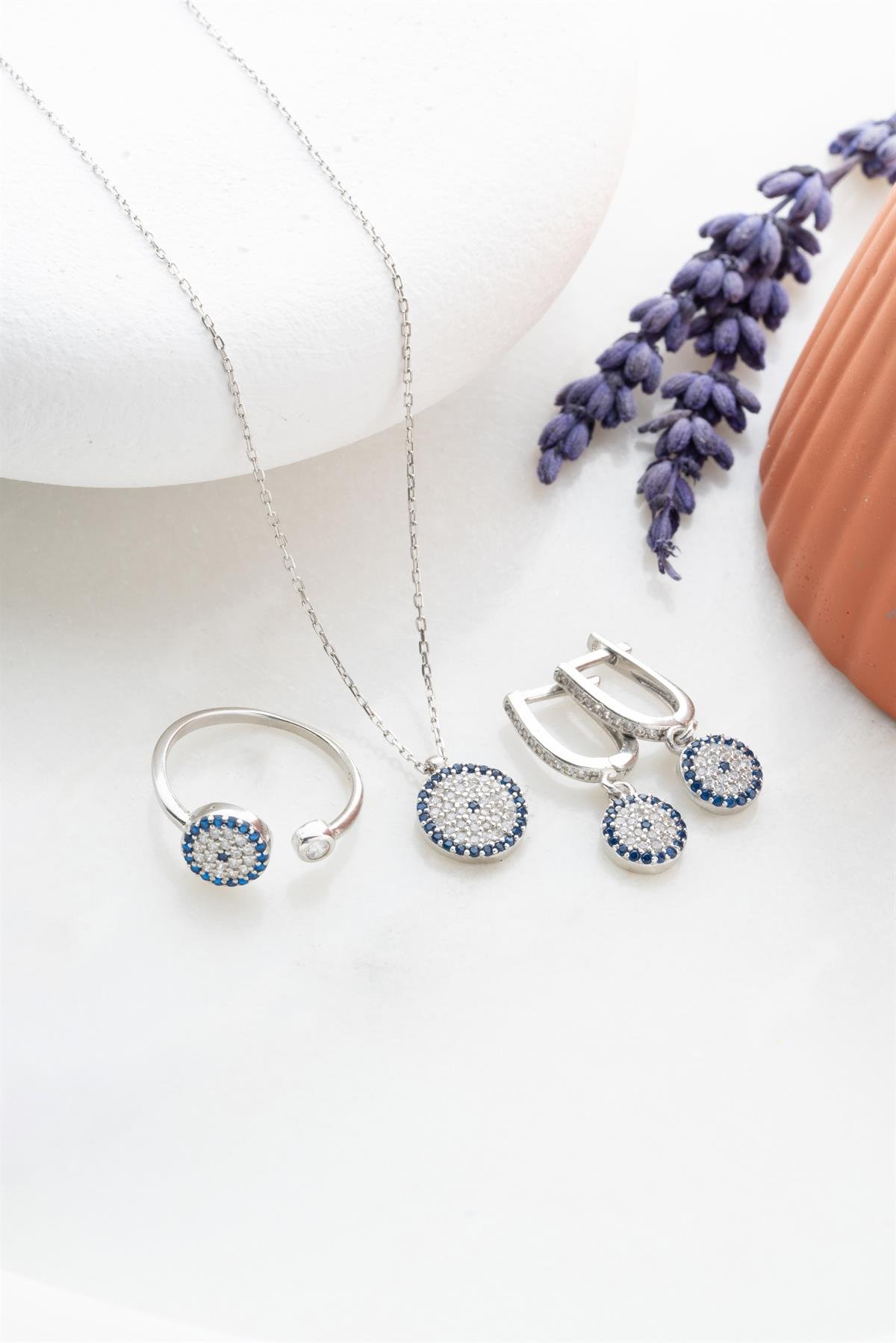 925 Ayar Gümüş Yuvarlak Nazar Model Küpe Yüzük Ve Kolye Set