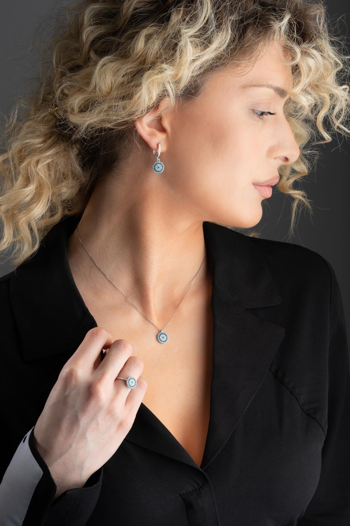 925 Ayar Gümüş Yuvarlak Nazar Model Küpe Yüzük Ve Kolye Set