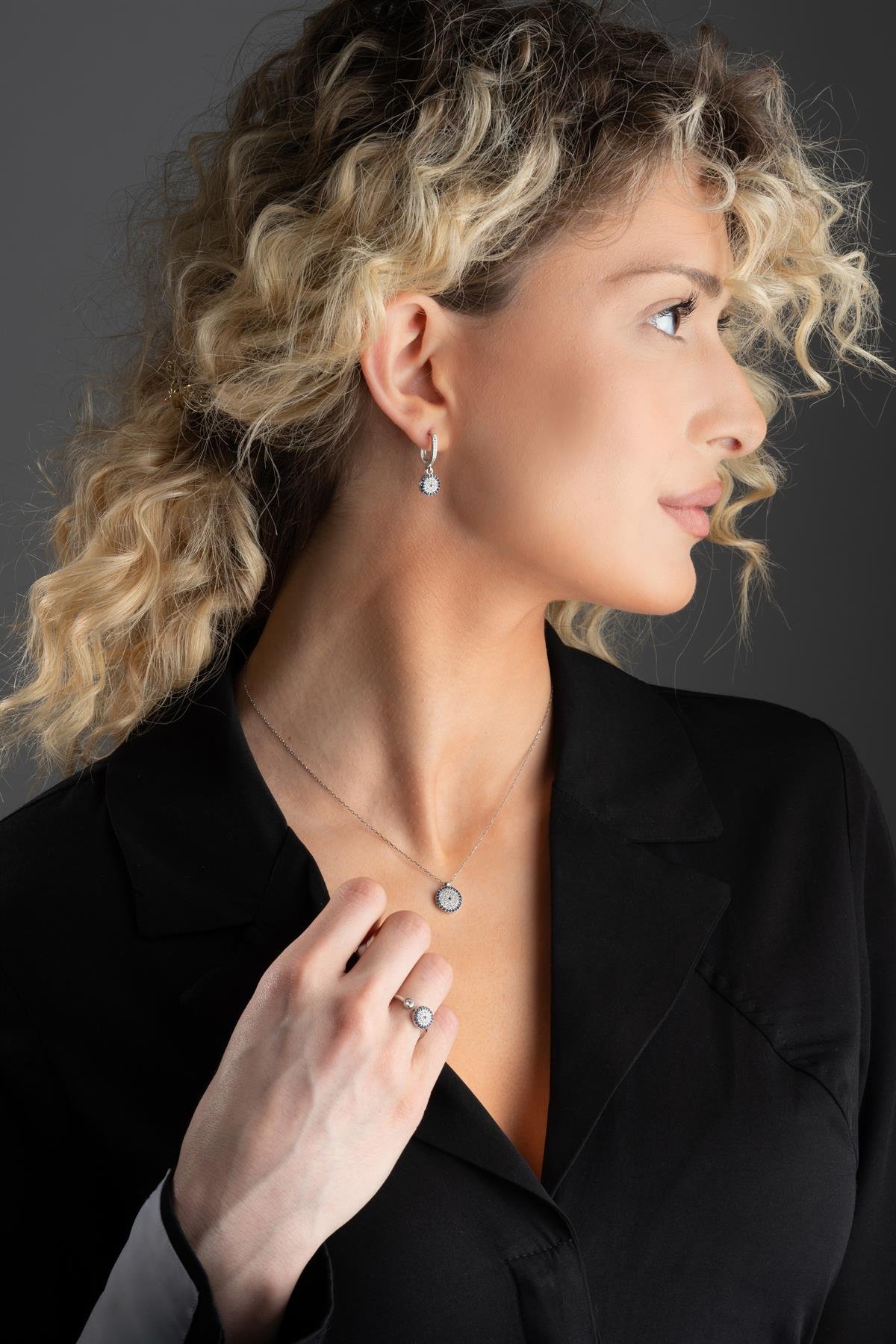 925 Ayar Gümüş Yuvarlak Nazar Model Küpe Yüzük Ve Kolye Set