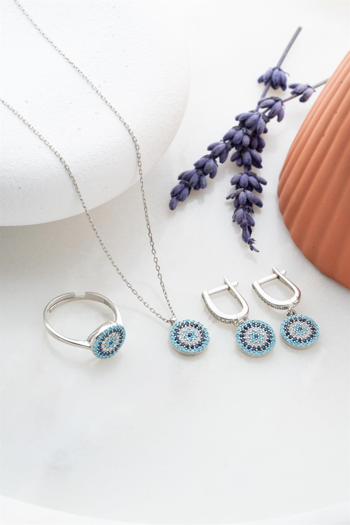 925 Ayar Gümüş Yuvarlak Nazar Model Küpe Yüzük Ve Kolye Set