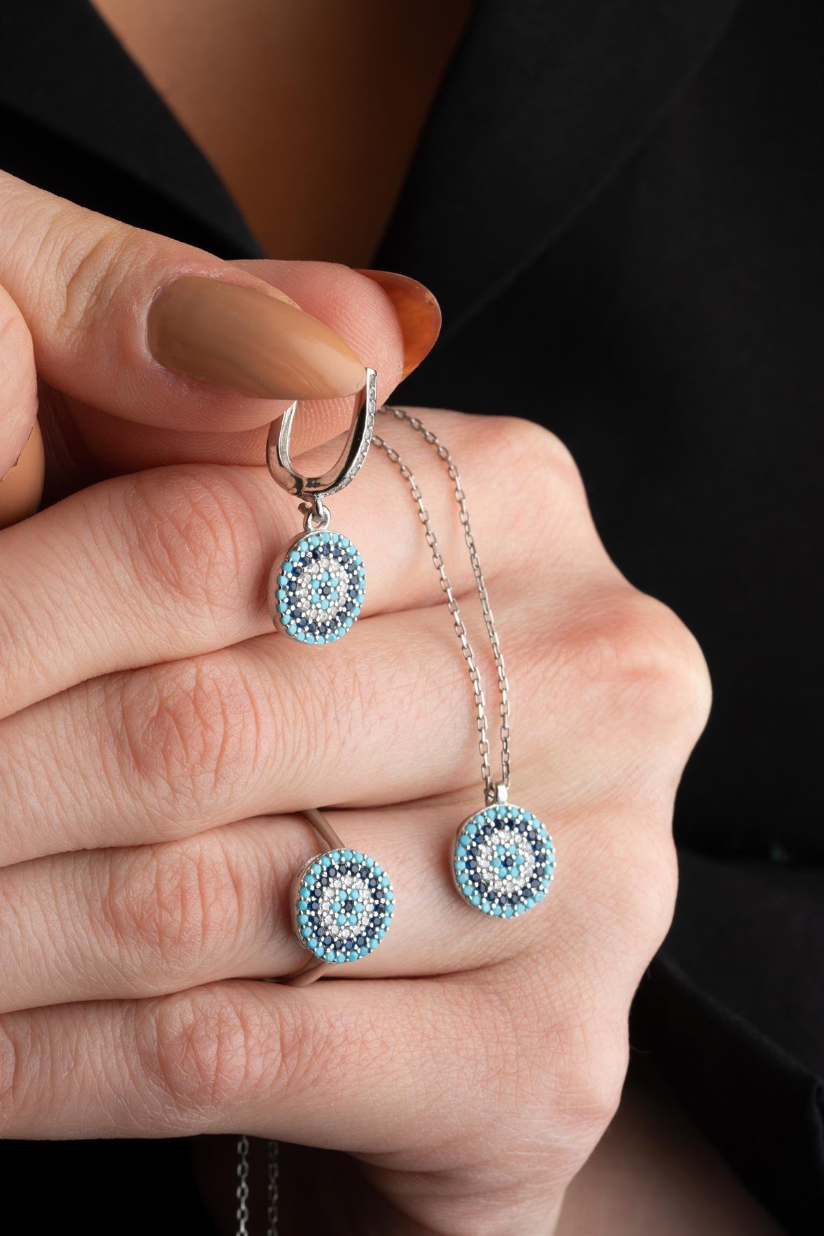 925 Ayar Gümüş Yuvarlak Nazar Model Küpe Yüzük Ve Kolye Set