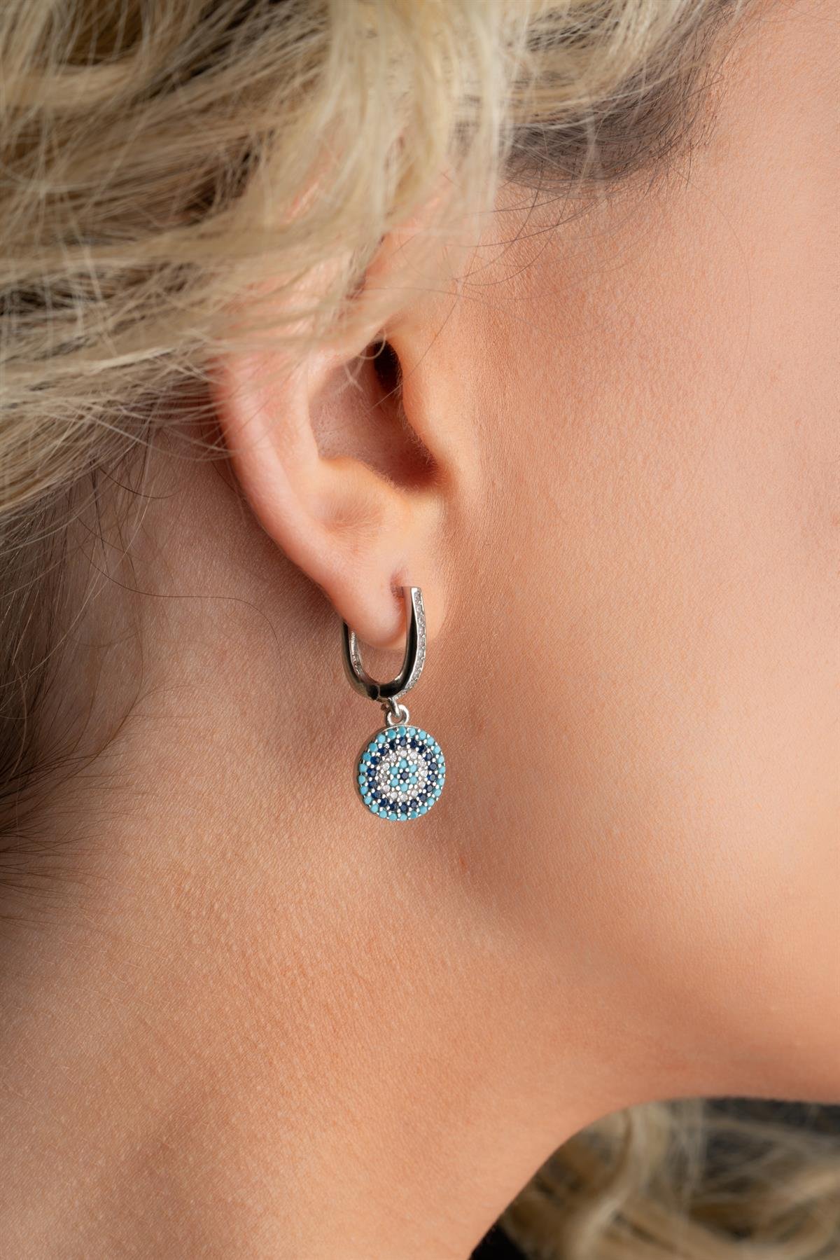 925 Ayar Gümüş Yuvarlak Nazar Model Küpe Yüzük Ve Kolye Set