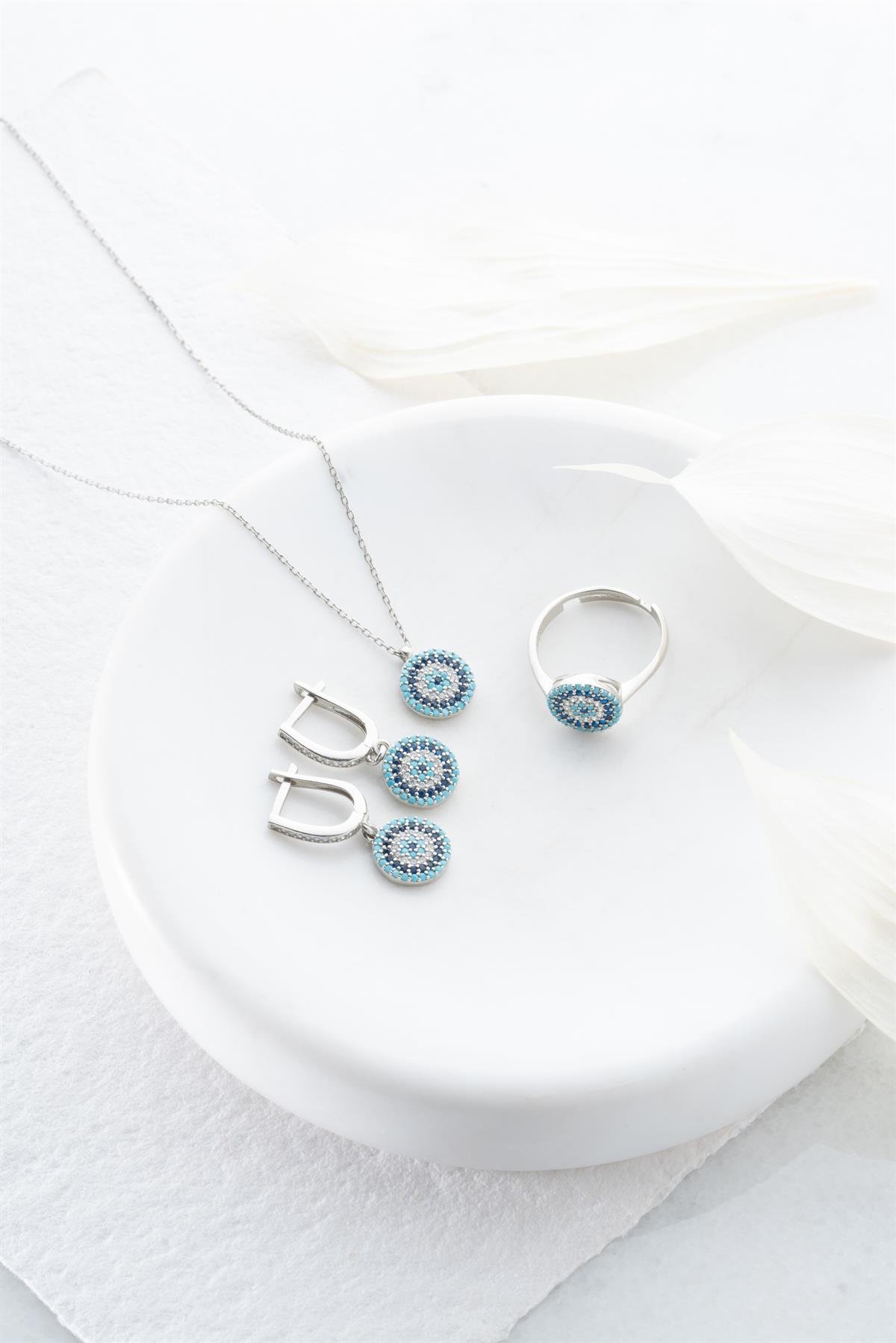 925 Ayar Gümüş Yuvarlak Nazar Model Küpe Yüzük Ve Kolye Set