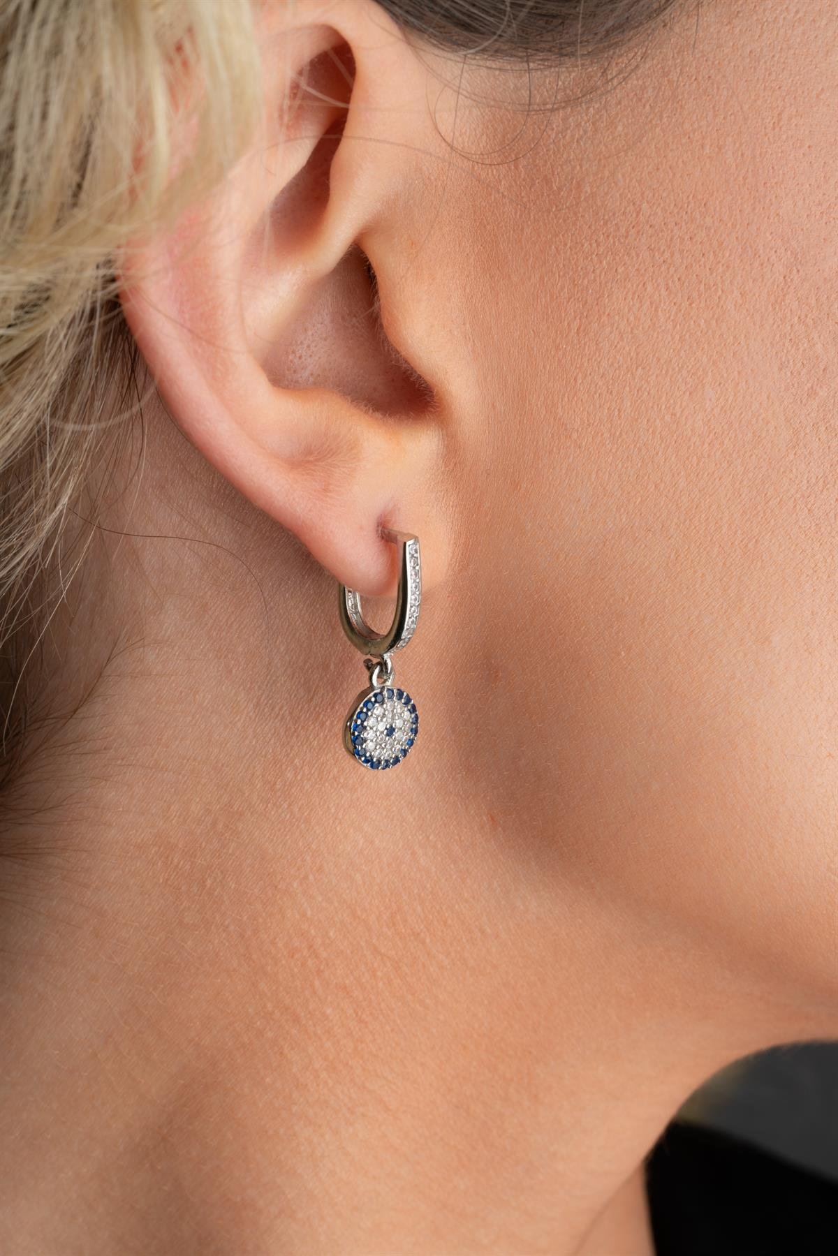 925 Ayar Gümüş Yuvarlak Nazar Model Küpe Yüzük Ve Kolye Set