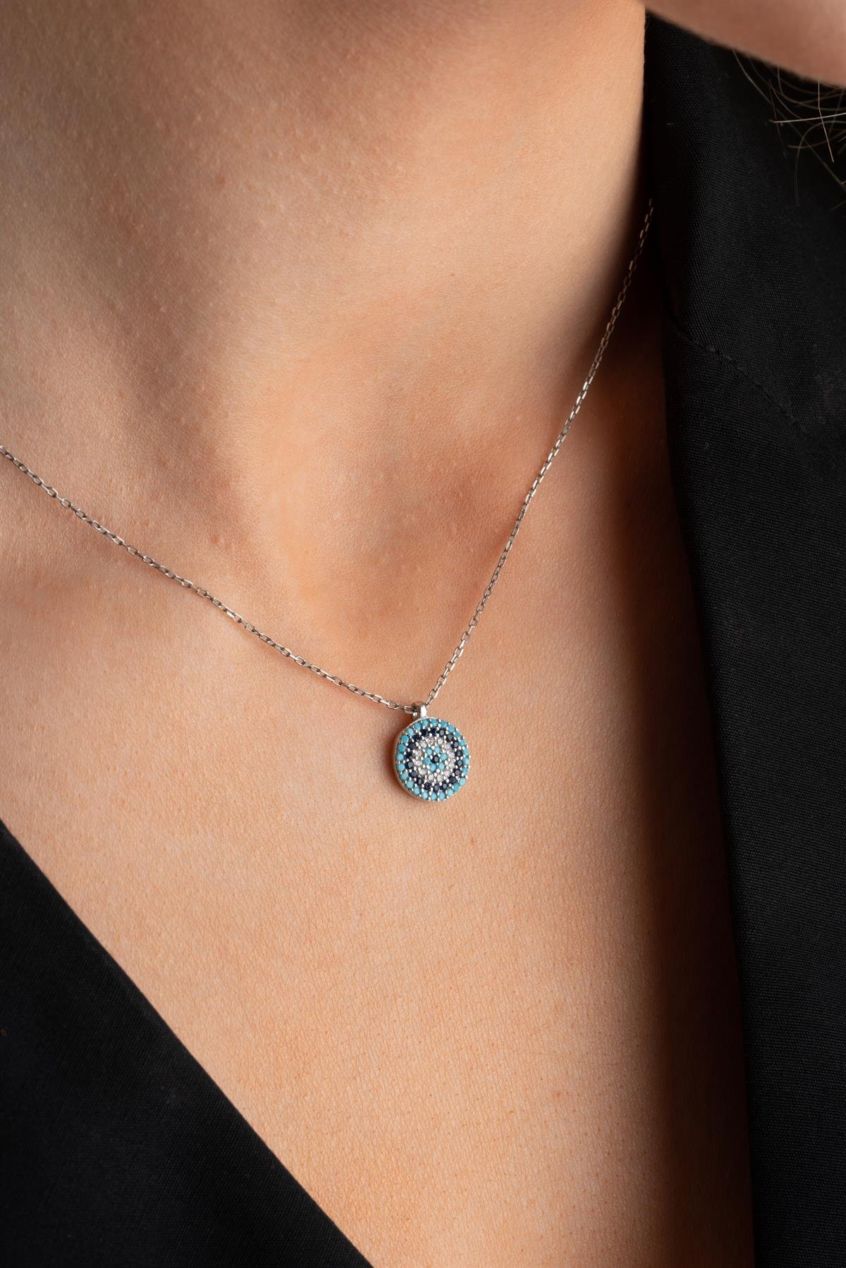 925 Ayar Gümüş Yuvarlak Nazar Model Küpe Yüzük Ve Kolye Set