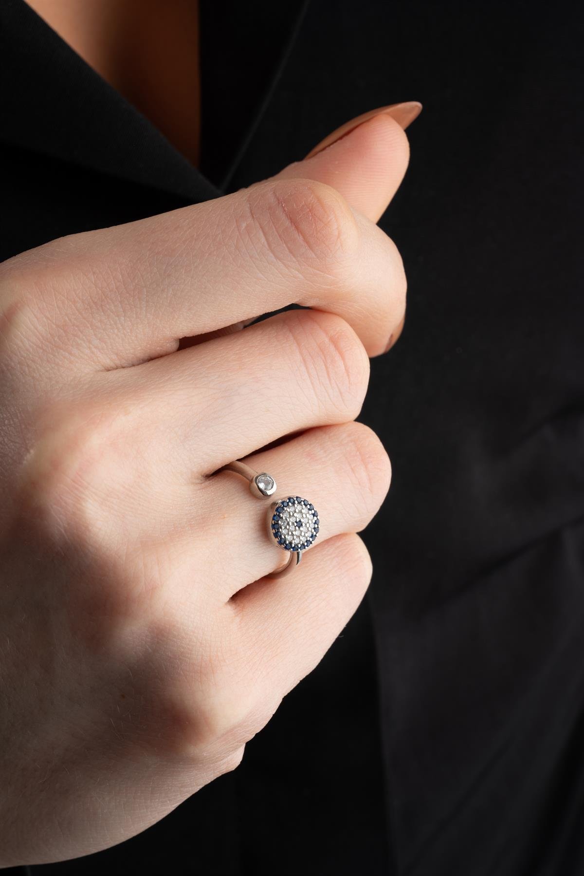 925 Ayar Gümüş Yuvarlak Nazar Model Küpe Yüzük Ve Kolye Set