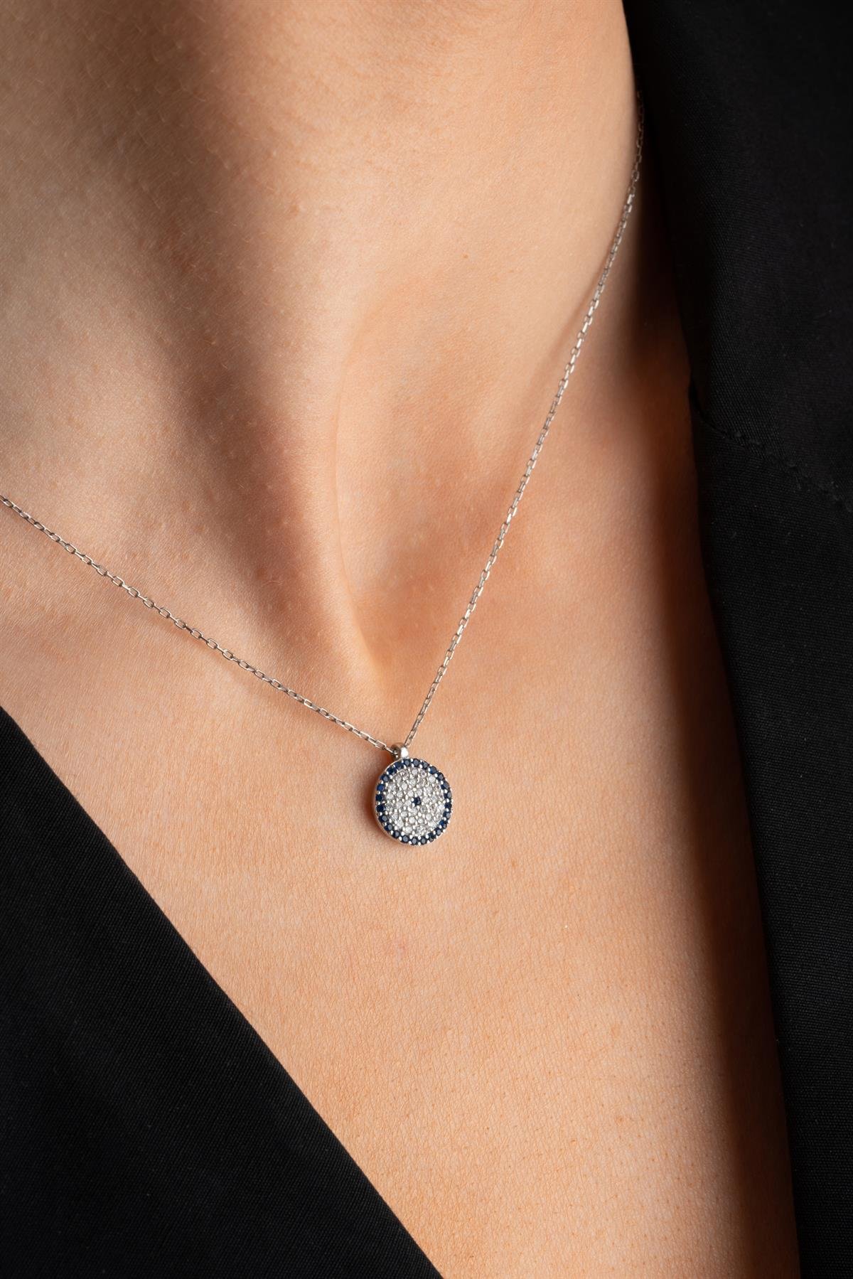 925 Ayar Gümüş Yuvarlak Nazar Model Küpe Yüzük Ve Kolye Set