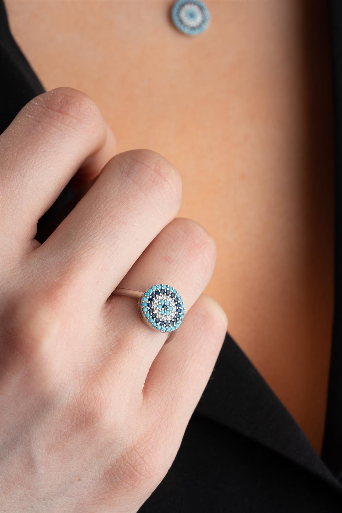 925 Ayar Gümüş Yuvarlak Nazar Model Küpe Yüzük Ve Kolye Set