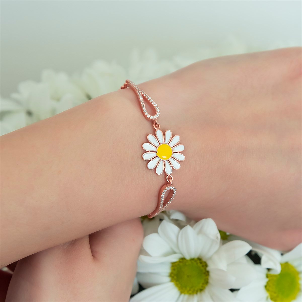 925 Ayar Kelepçe Model Papatya Bileklik Kadın Gümüş Bileklik