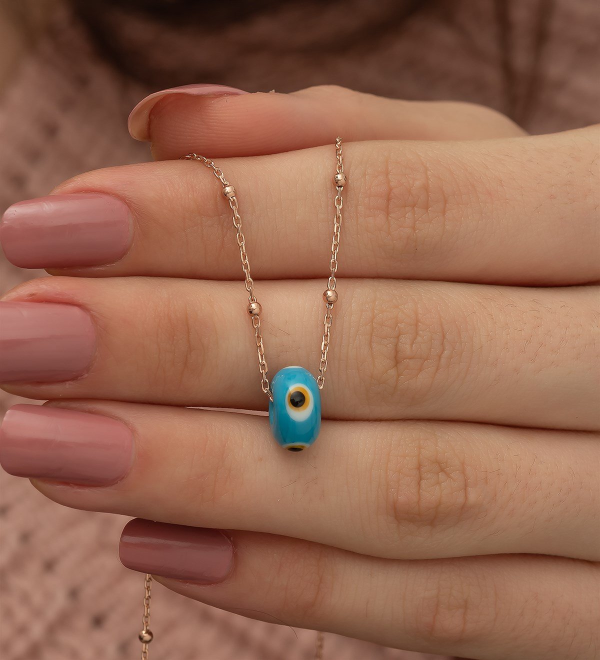 925 Ayar Nazar Cam Mavi Boncuk Toplu Zincir Kadın Gümüş Kolye