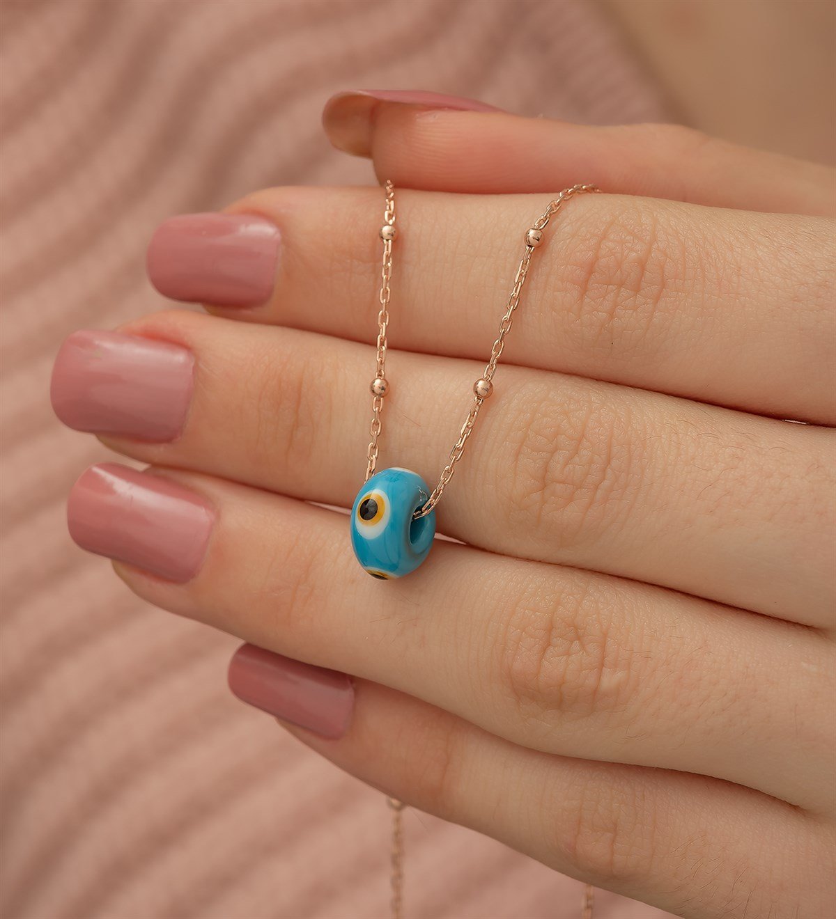 925 Ayar Nazar Cam Mavi Boncuk Toplu Zincir Kadın Gümüş Kolye