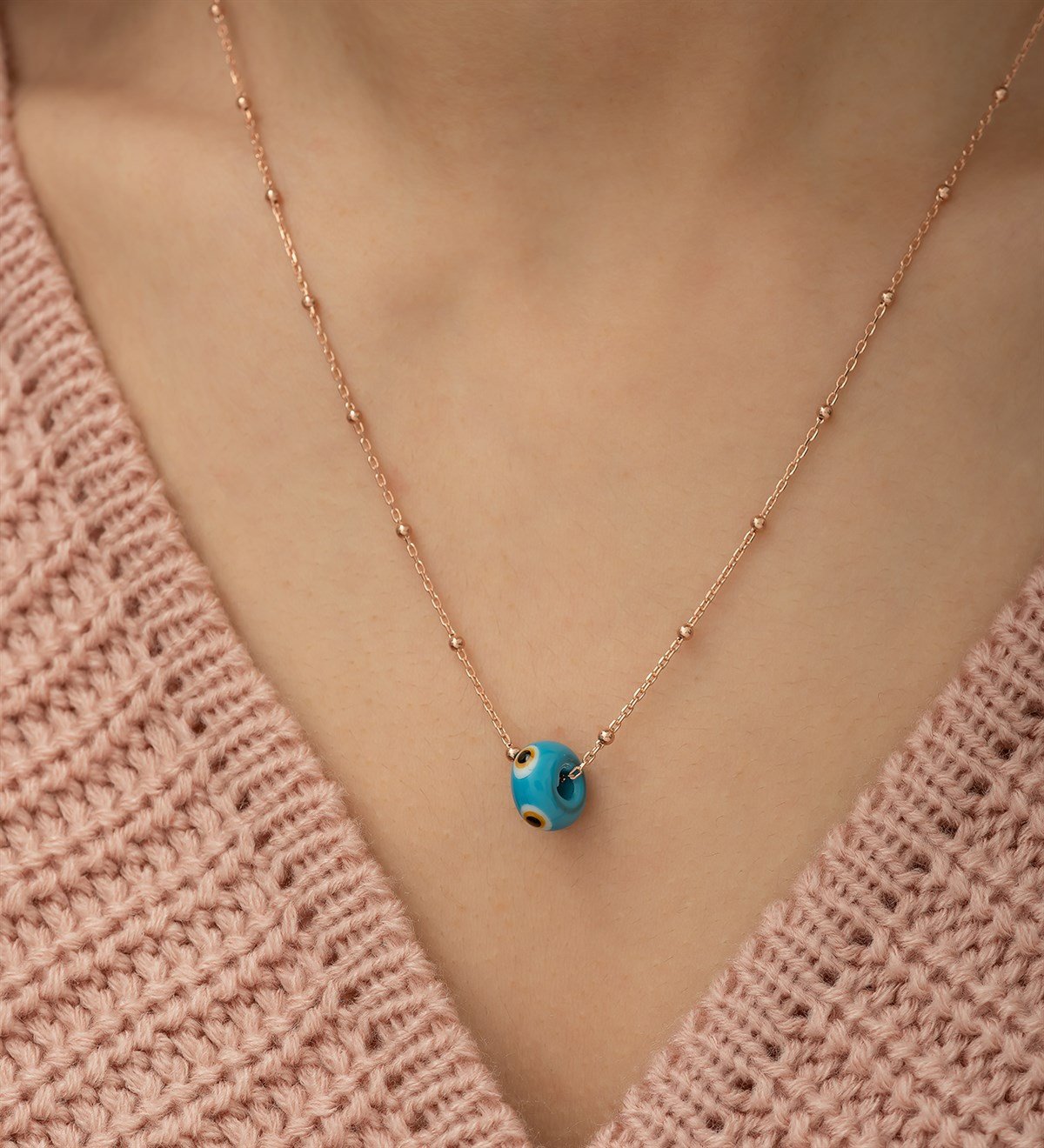 925 Ayar Nazar Cam Mavi Boncuk Toplu Zincir Kadın Gümüş Kolye