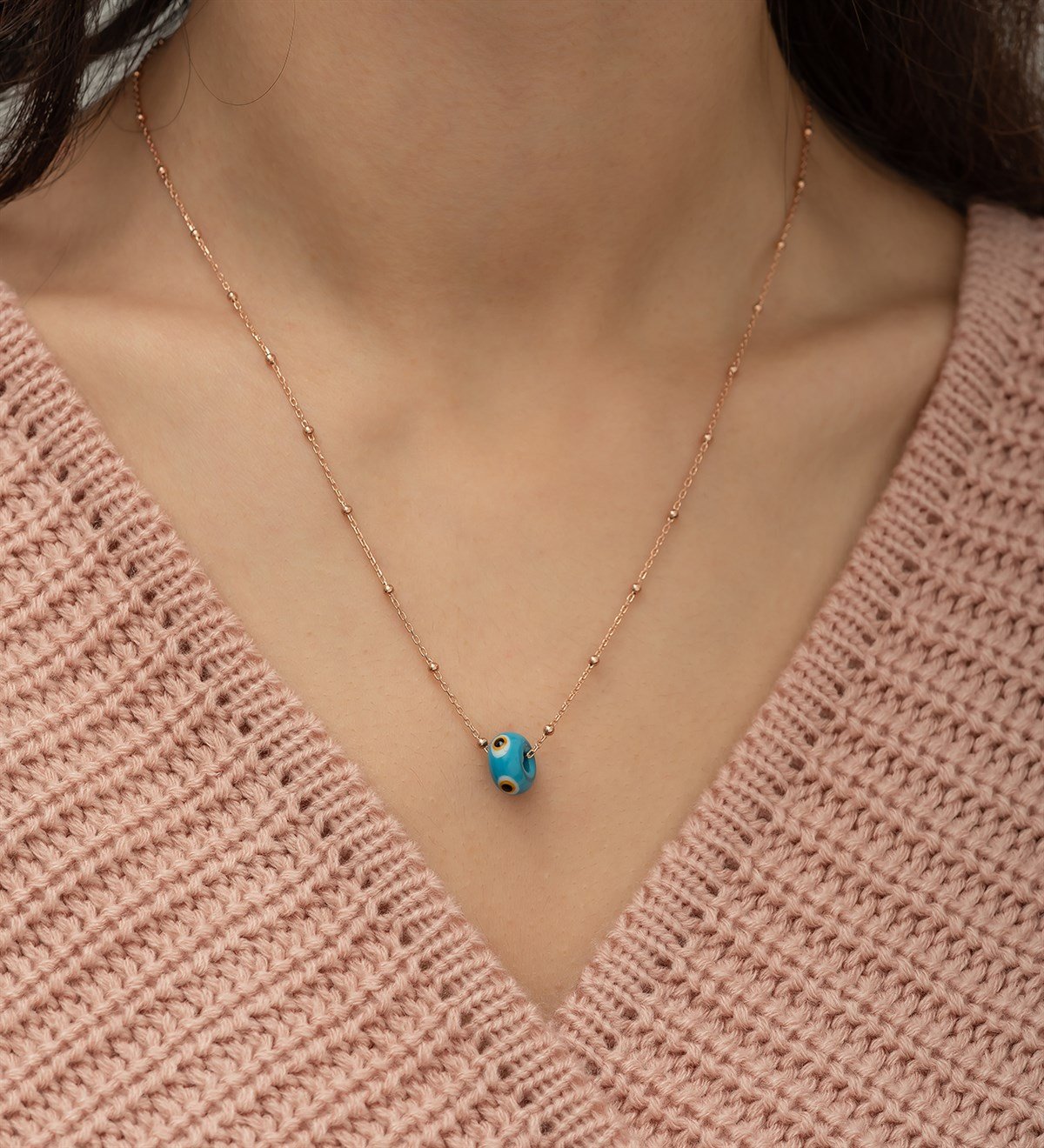 925 Ayar Nazar Cam Mavi Boncuk Toplu Zincir Kadın Gümüş Kolye