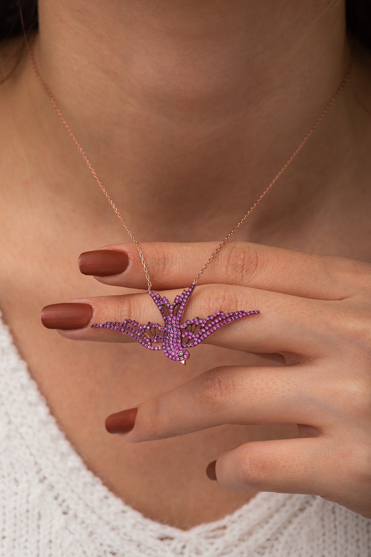 925 Ayar Pembe Taşlı Anka Kuşu Kolye Kadın Gümüş Kolye 