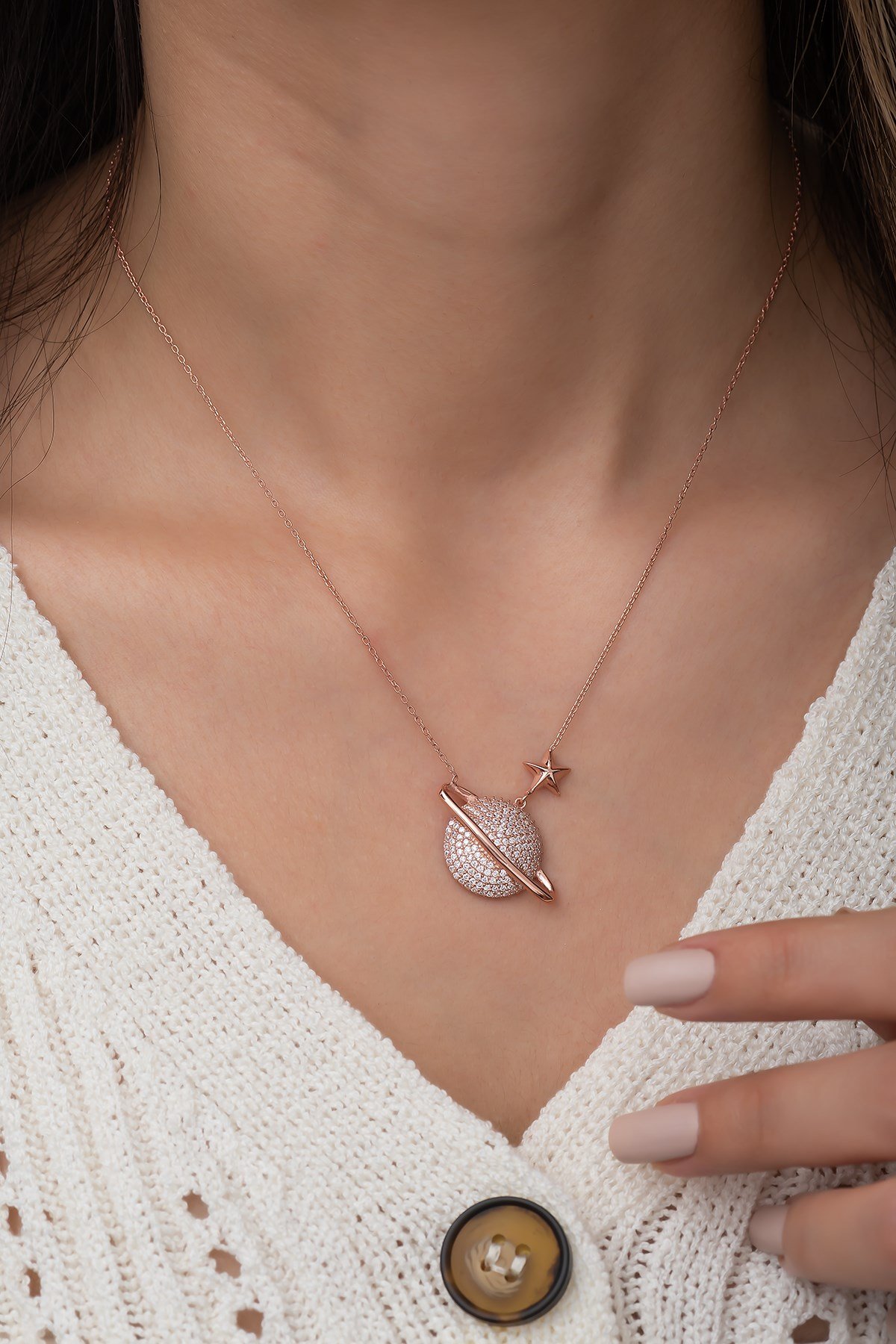 925 Ayar Rose Kaplama Gezegen Kolye Kadın Gümüş Kolye 