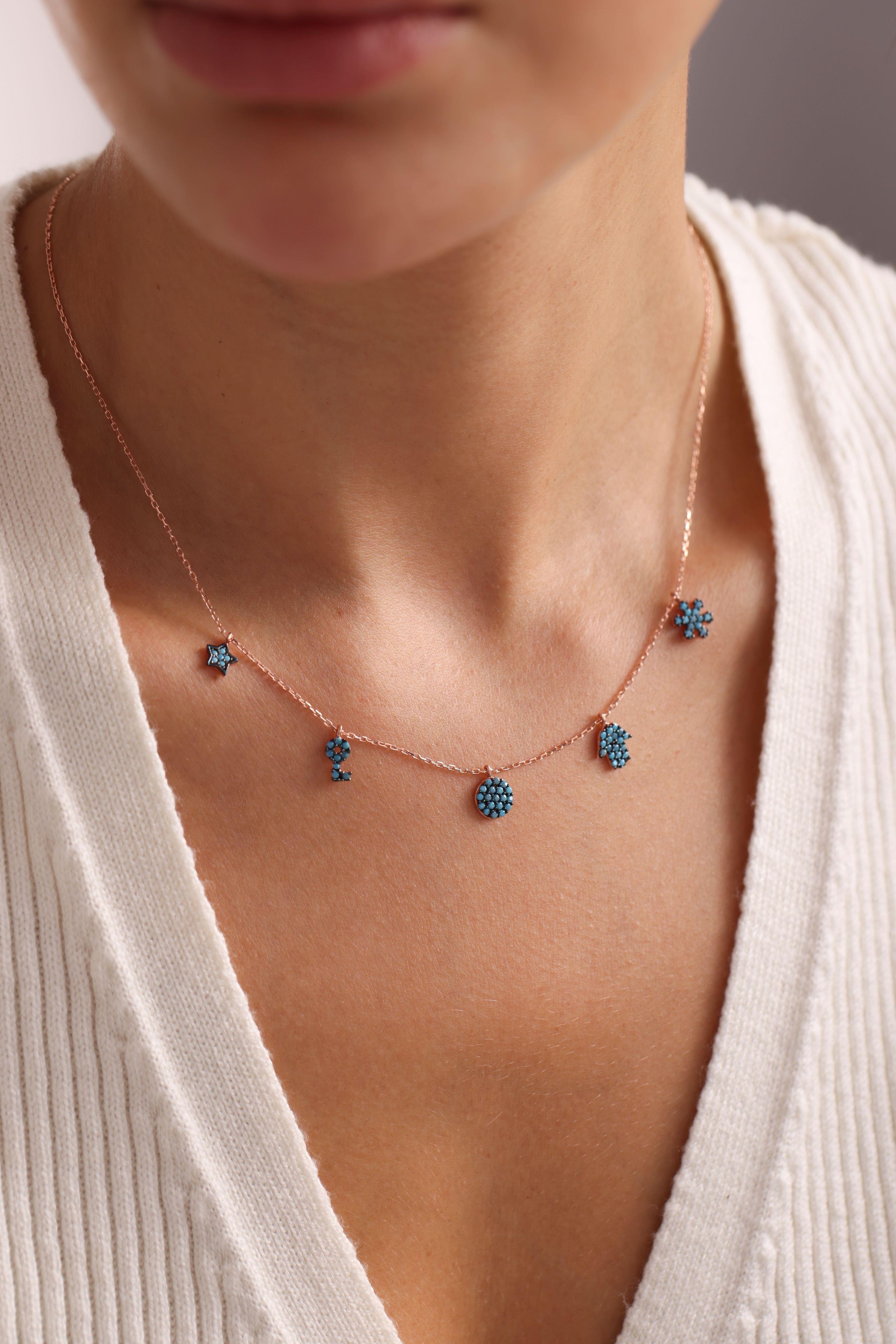 925 Ayar Turkuaz Taşlı Şans Kolye Kadın Gümüş Kolye