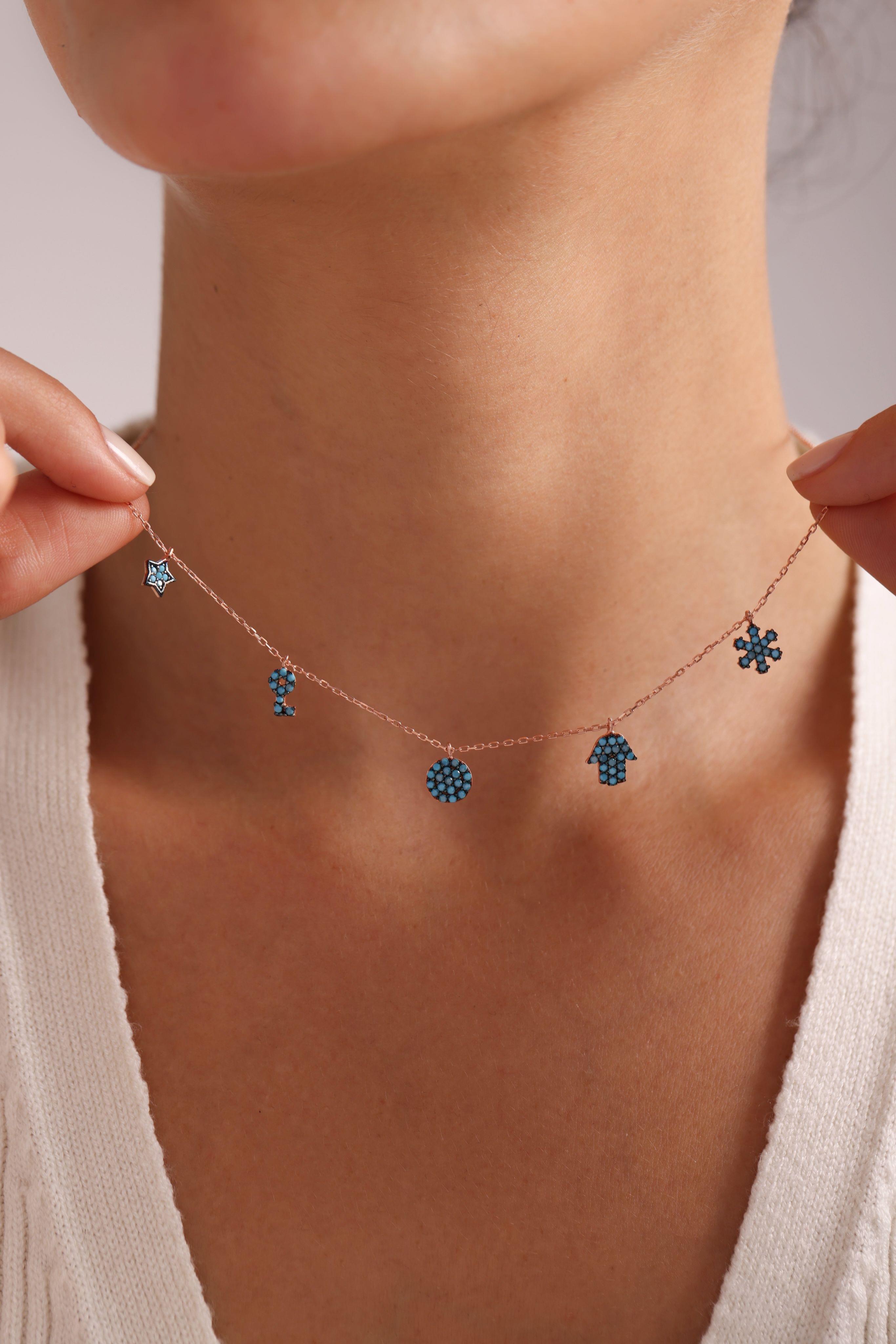 925 Ayar Turkuaz Taşlı Şans Kolye Kadın Gümüş Kolye