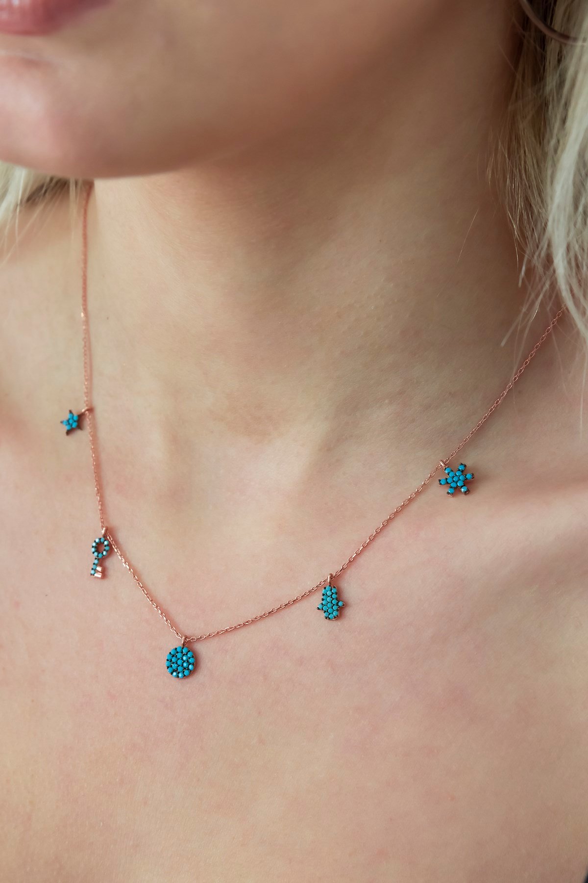 925 Ayar Turkuaz Taşlı Şans Kolye Kadın Gümüş Kolye