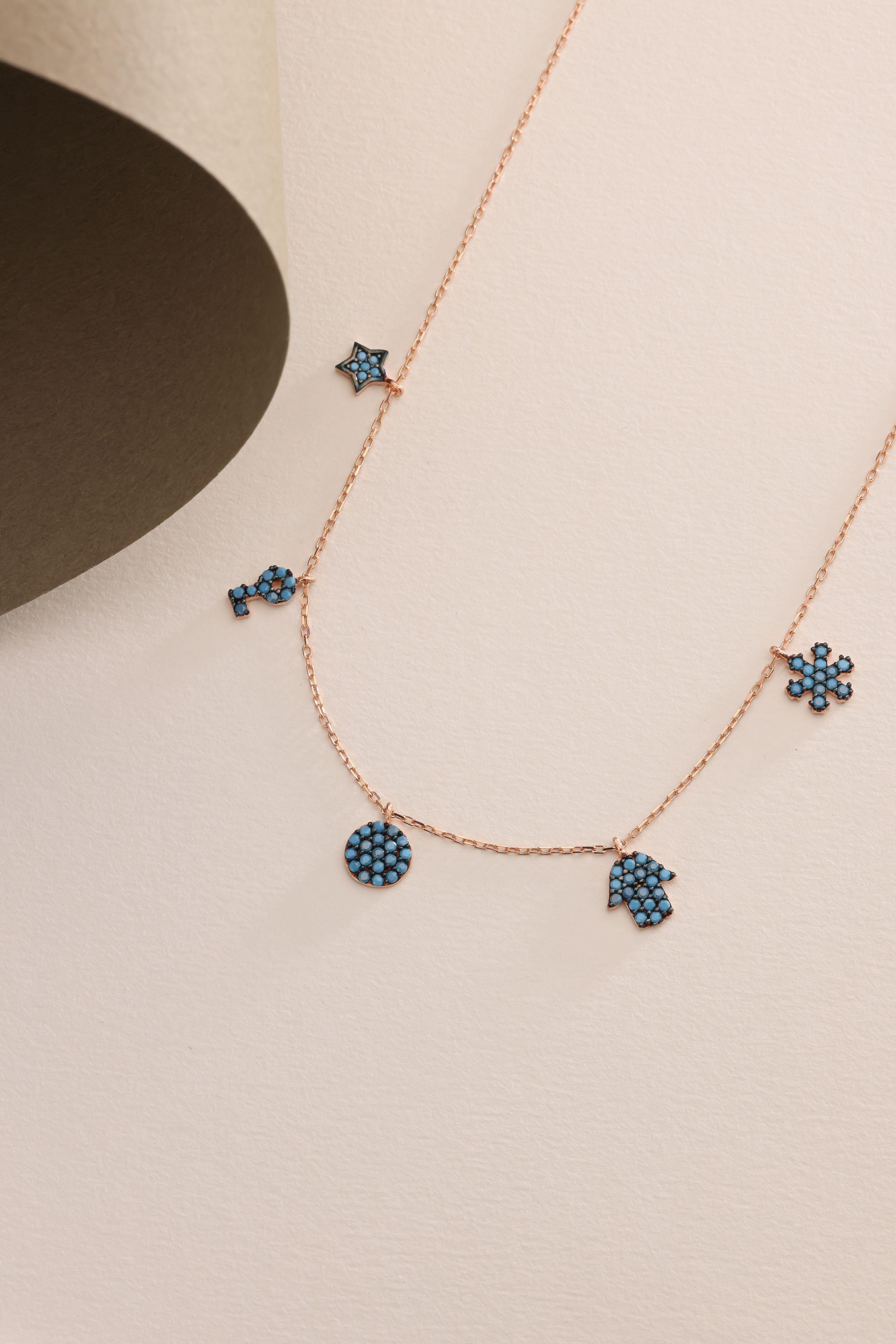 925 Ayar Turkuaz Taşlı Şans Kolye Kadın Gümüş Kolye