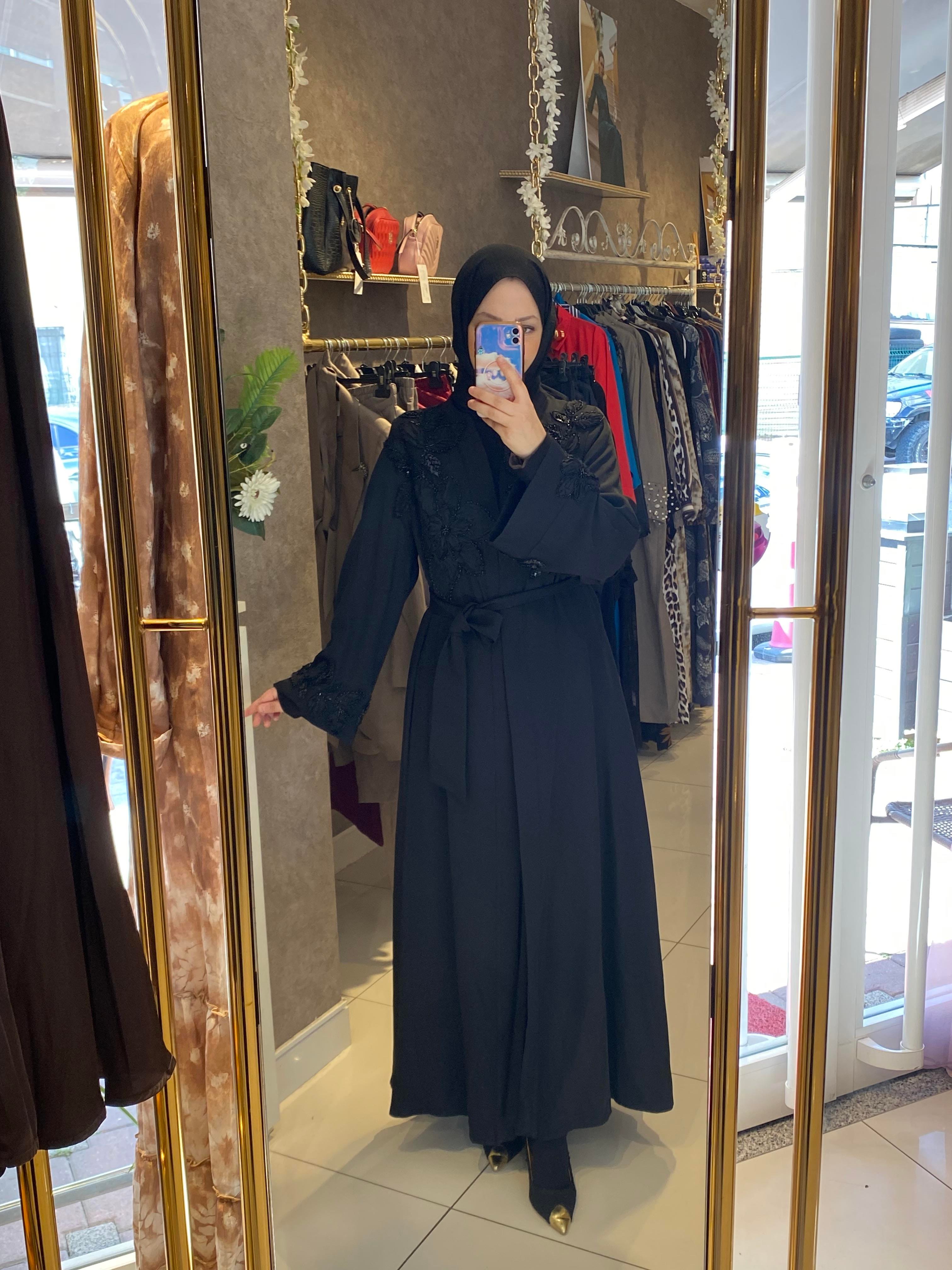 Gül işlemeli abaya ikili takım siyah 