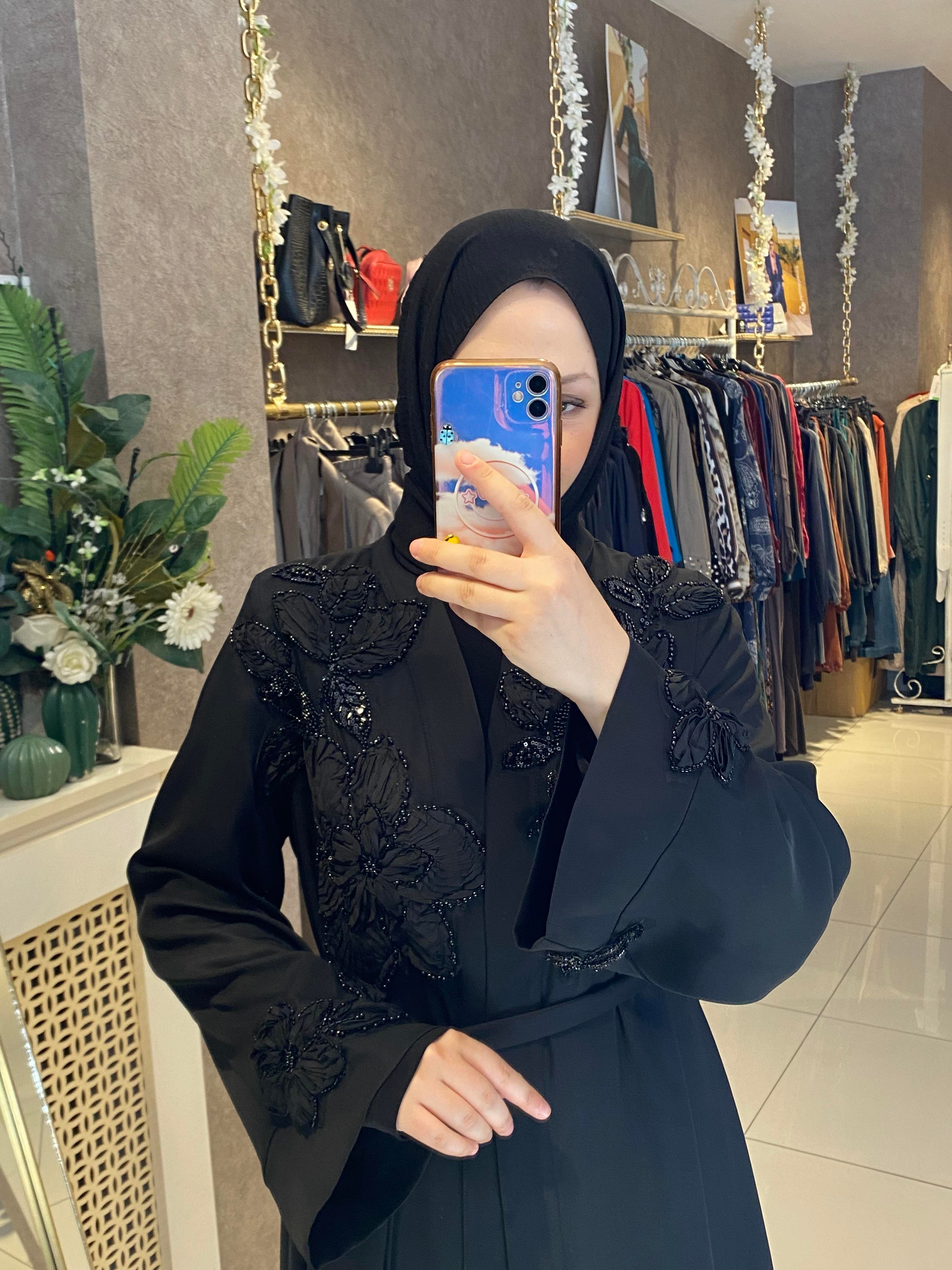 Gül işlemeli abaya ikili takım siyah 