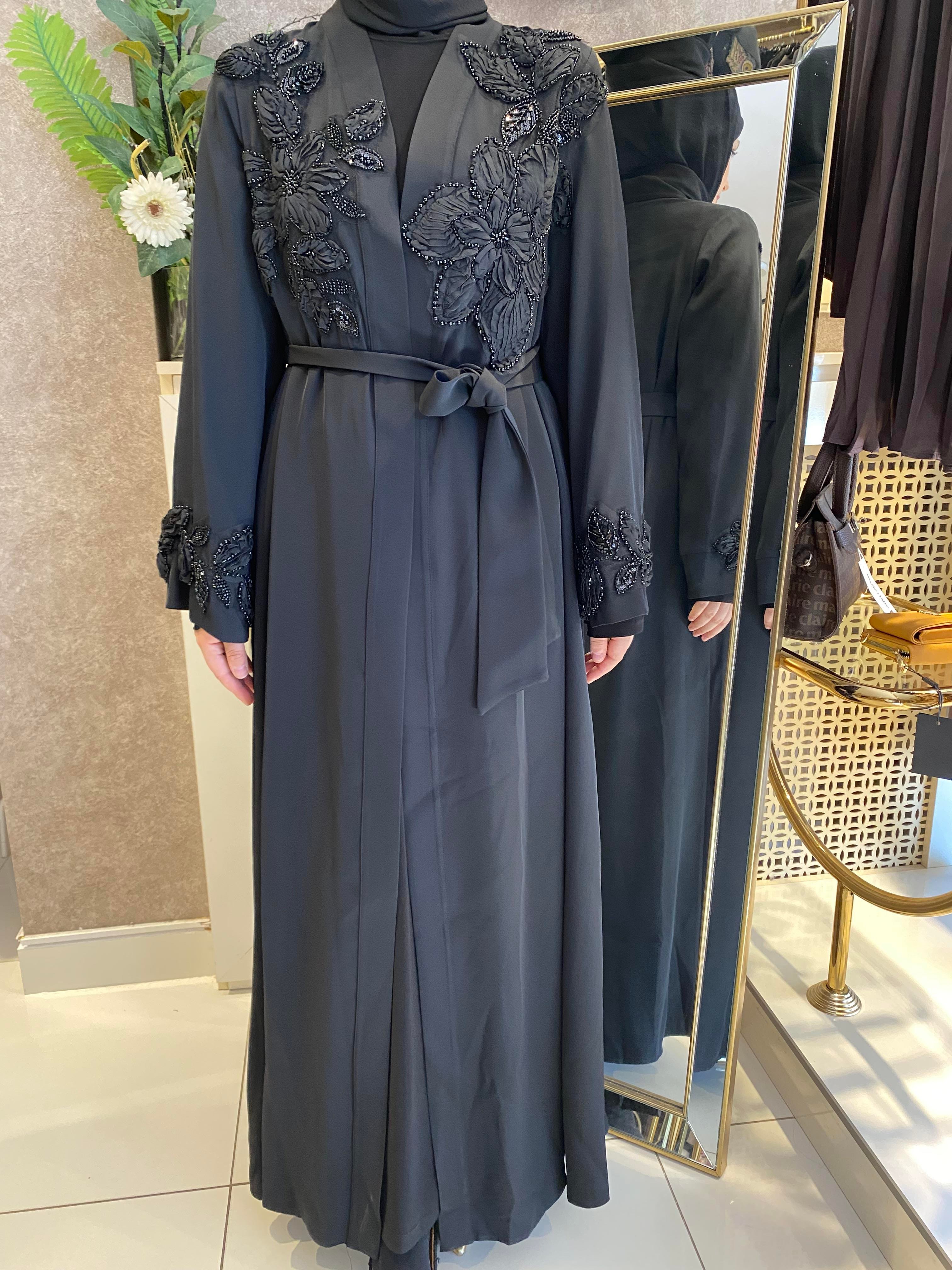 Gül işlemeli abaya ikili takım siyah 