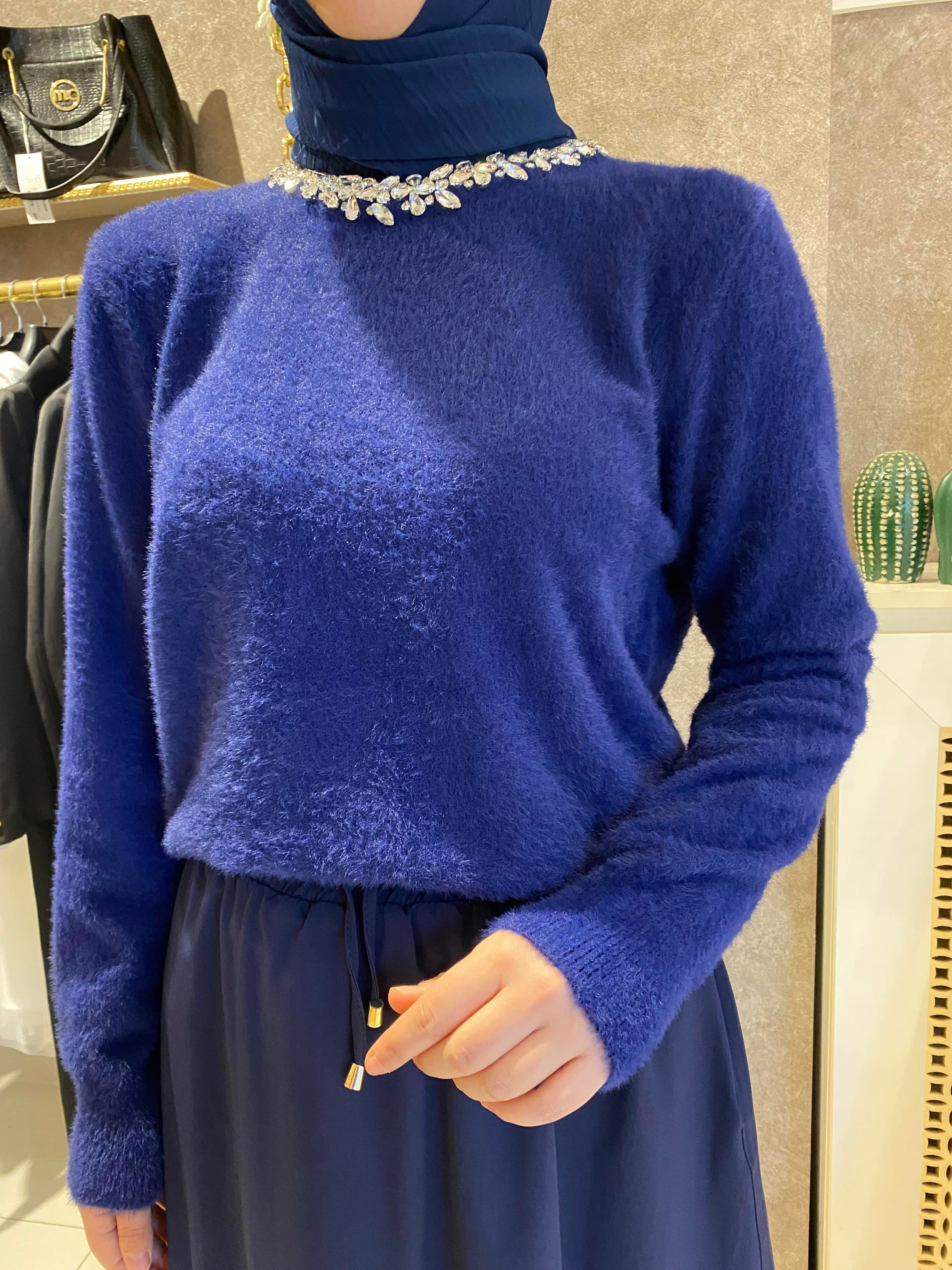 Missemramis angora mini taşlı kazak lacivert 