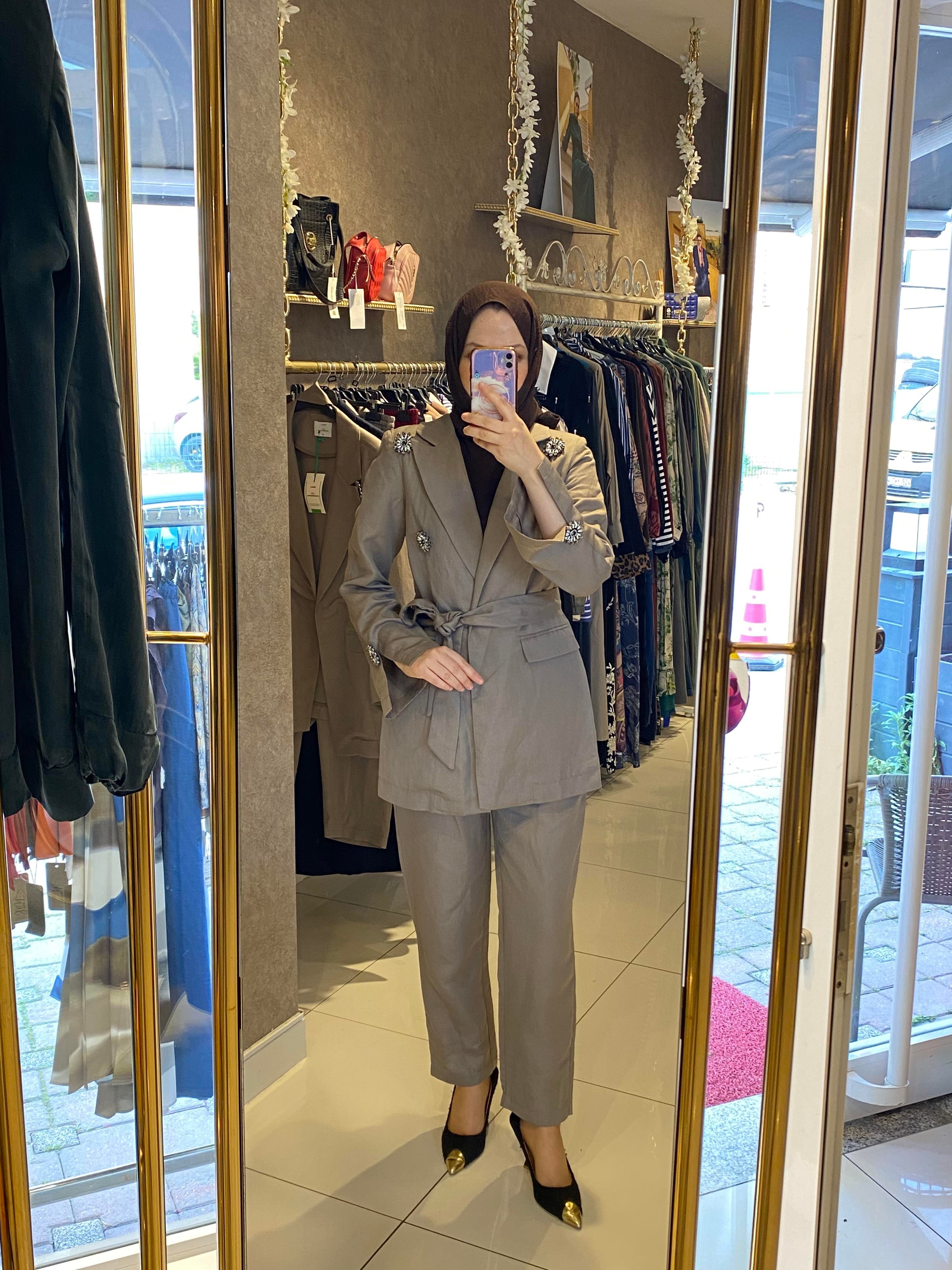 Missemramis linen keten ceketli takım vizon